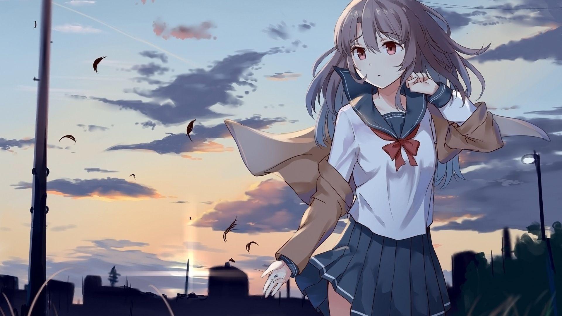 1920x1080 Desktop Wallpaper School Uniform, Anime Girl, Outdoor, Original, HD Image, Picture, Background, 5eb3bb