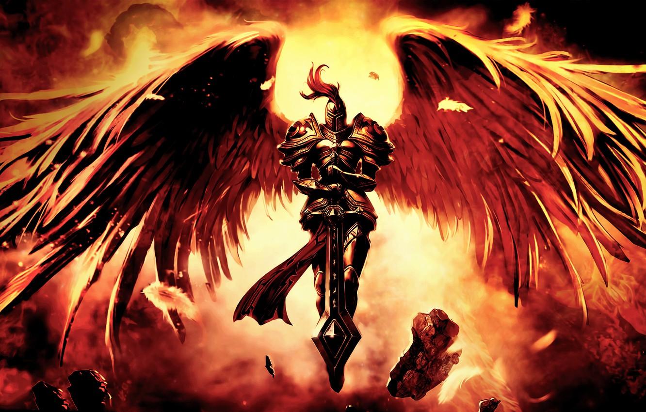 1332x850 Wallpaper the wreckage, stones, wings, sword, warrior, art, Kayle, League Of Legends image for desktop, section игры