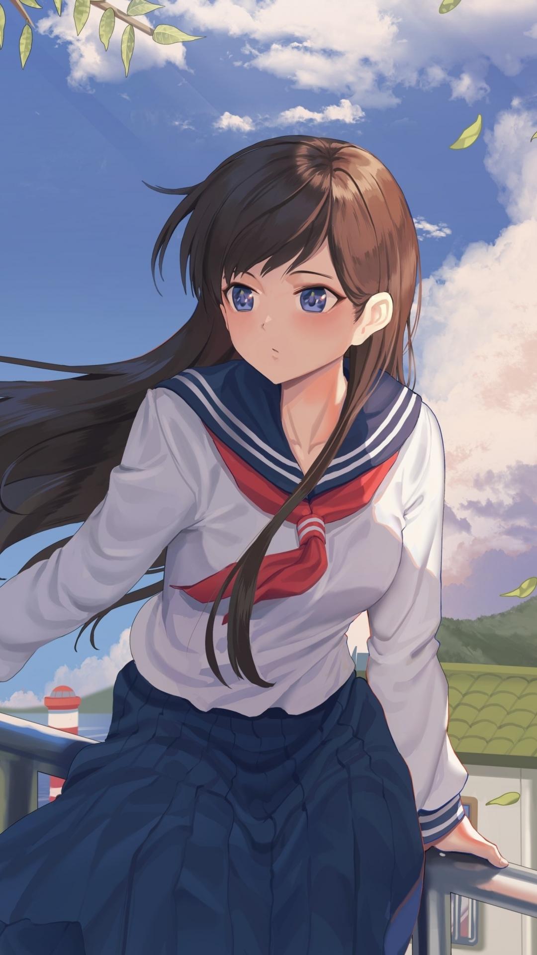 1080x1920 Wallpaper Clouds, Brown Hair, Pretty Anime School Girl, School Uniform:1941x2587