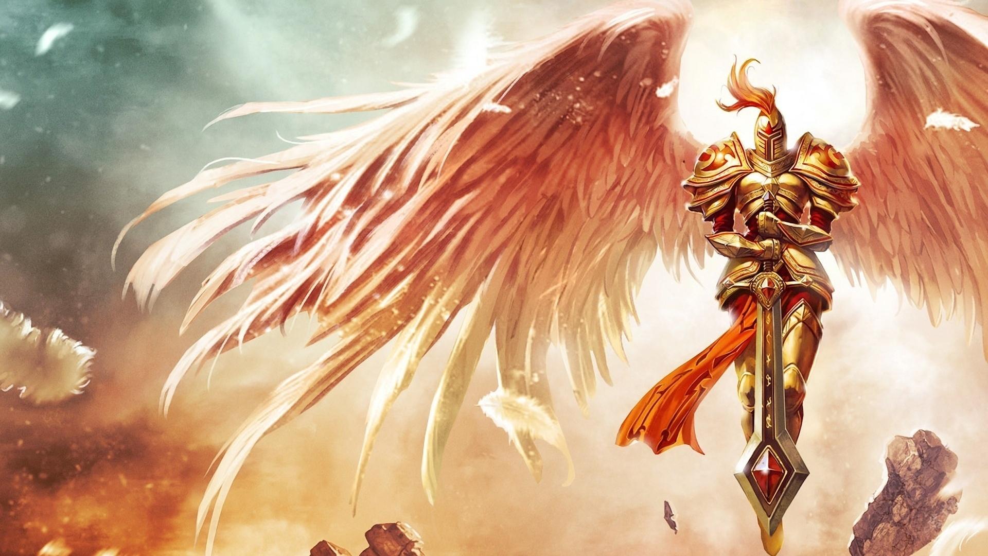 1920x1080 1920x1080 feathers, wings, sword, kayle, armor, stones, League of legends