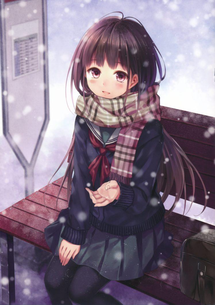 748x1063 anime, Girl, Original, Snow, Winter, Beauty, School, Uniform Wallpaper HD / Desktop and Mobile Background