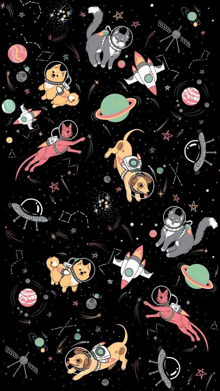 736x1308 Cats and Dogs in Space Illustration Mobile Wallpaper for iPhone and Android. Space iphone wallpaper, Art wallpaper, Space phone wallpaper