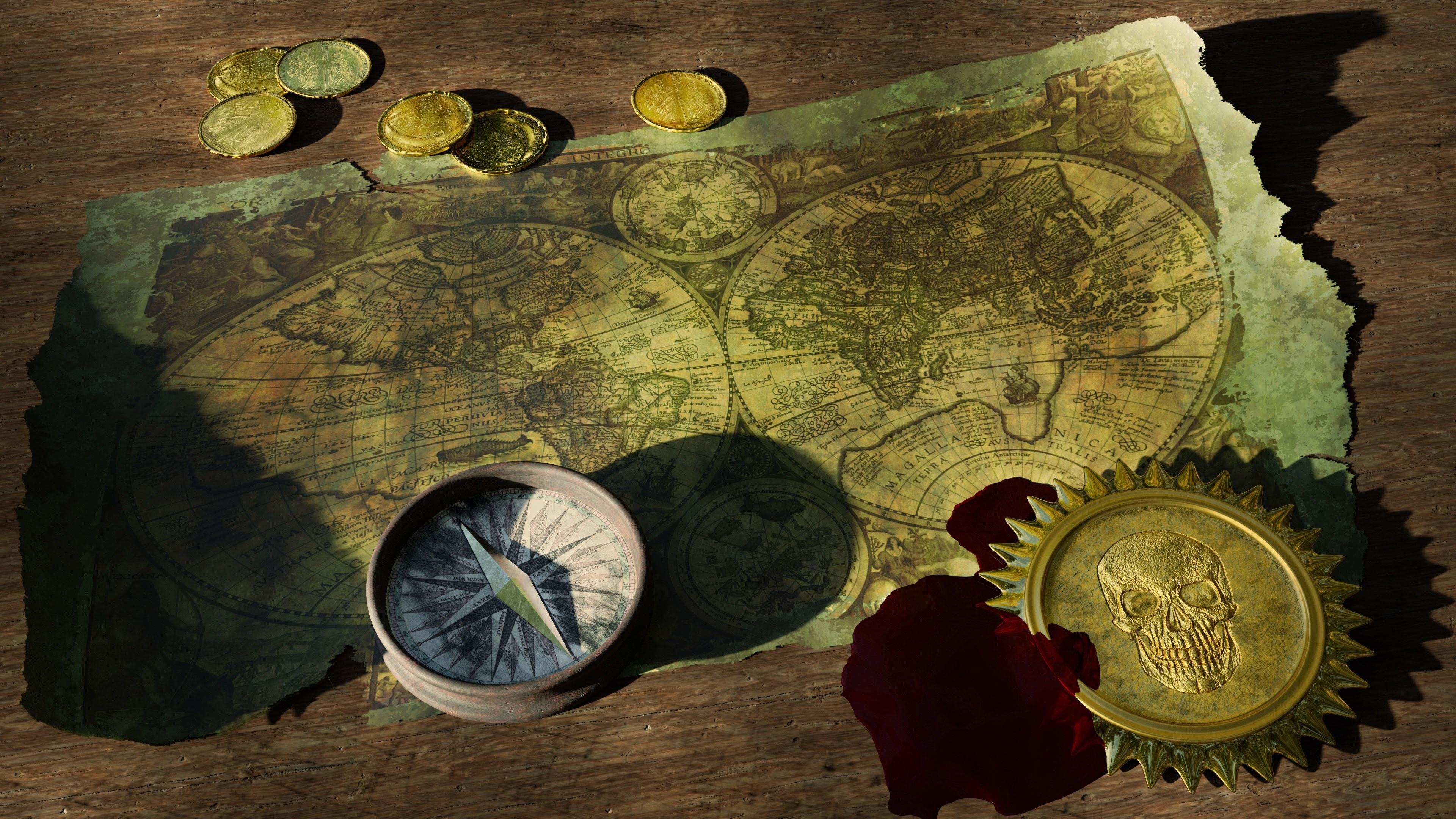 3840x2160 Wallpaper / adventure still life old world map compass coins 4k wallpaper