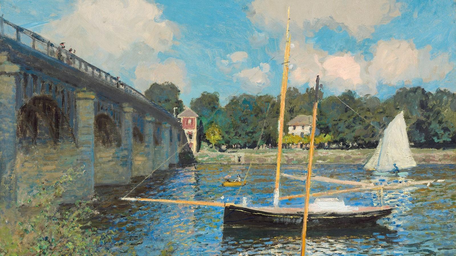 1600x900 artwork claude monet painting bridge river france classic art wallpaper