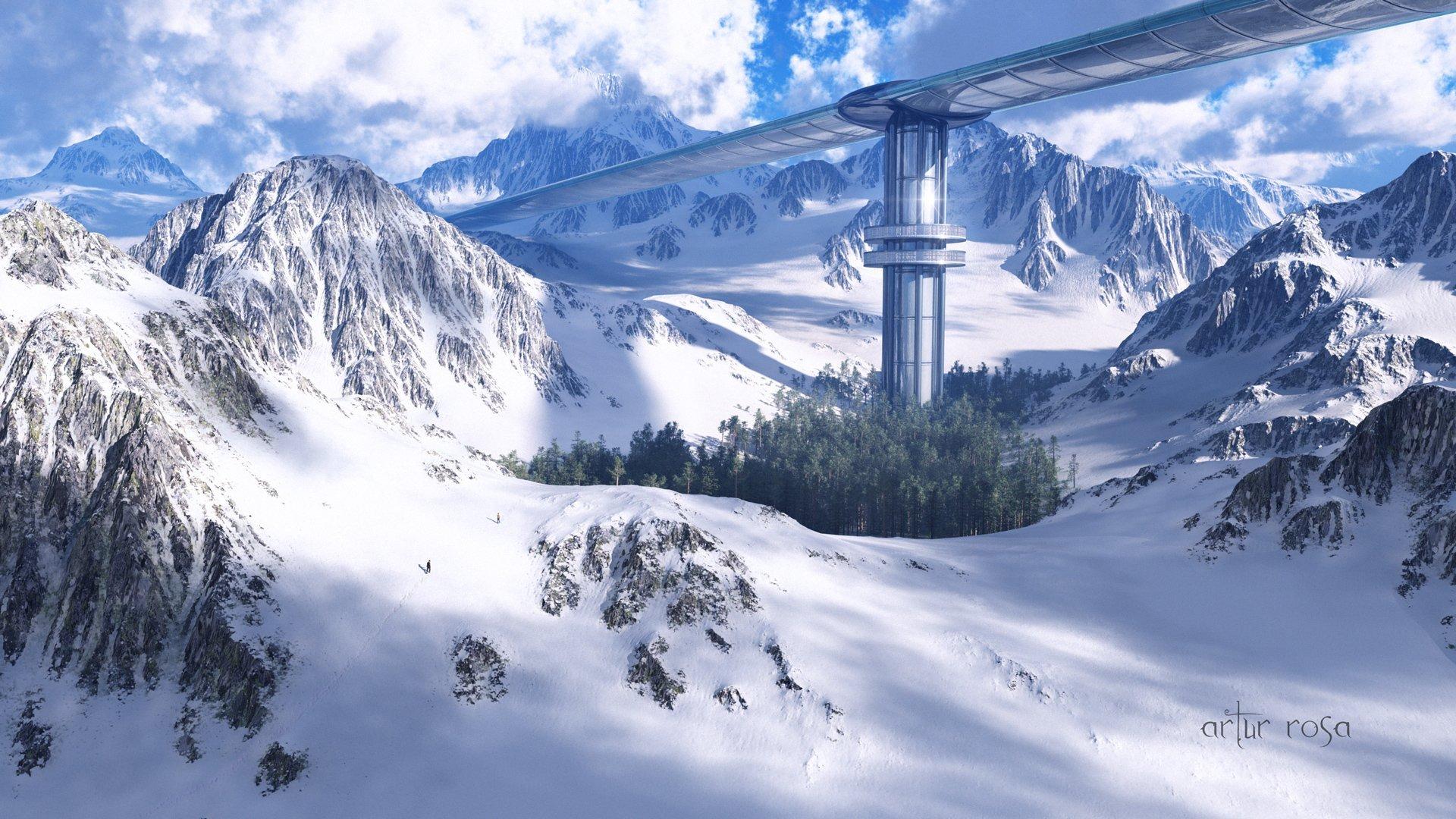 1920x1080 #clouds, #landscape, #futuristic, #bridge, #nature, #Artur Rosa, #mountains, #trees, #winter, #snow, #forest, #digital art, wallpaper. Mocah HD Wallpaper