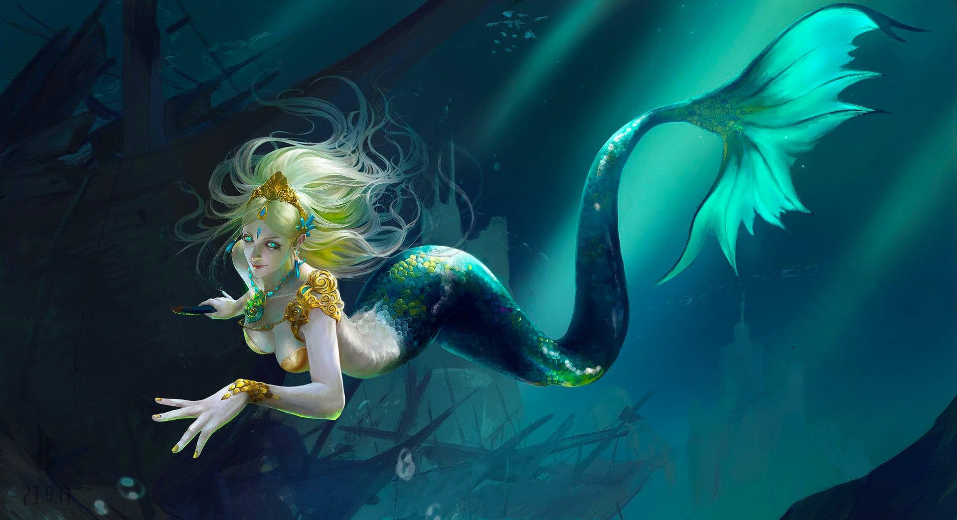 1920x1044 fantasy, cg, girl, mermaid, digital, siren, woman, art, pretty, wallpaper