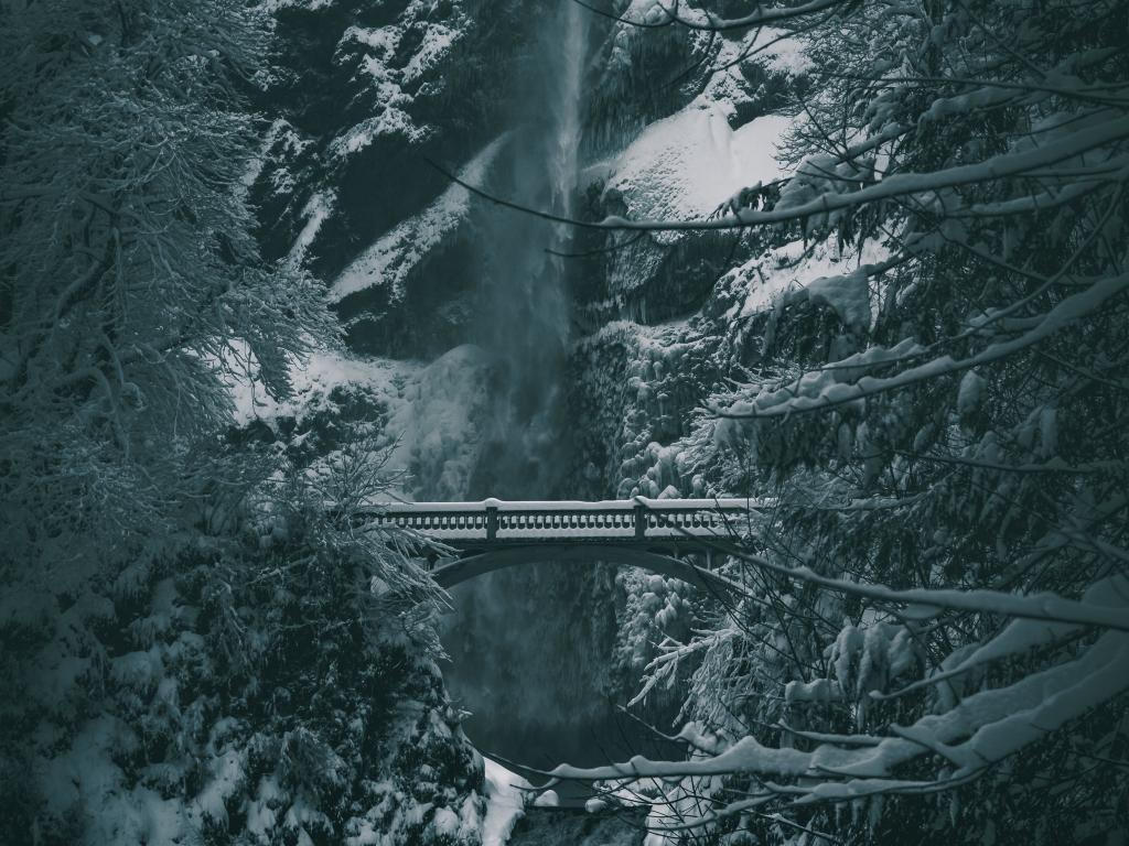1024x768 Desktop wallpaper winter, bridge, waterfall, snowfall, HD image, picture, background, 855cc1