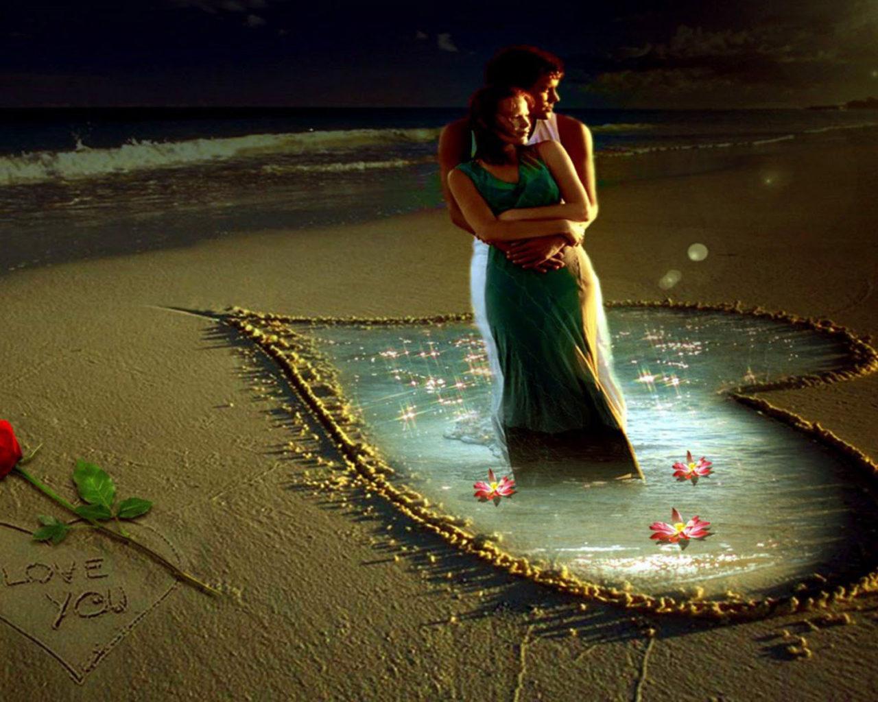 1280x1024 Boy and Girl in Embrace Beach Rose Heart in Sand You Love HD Wallpaper :