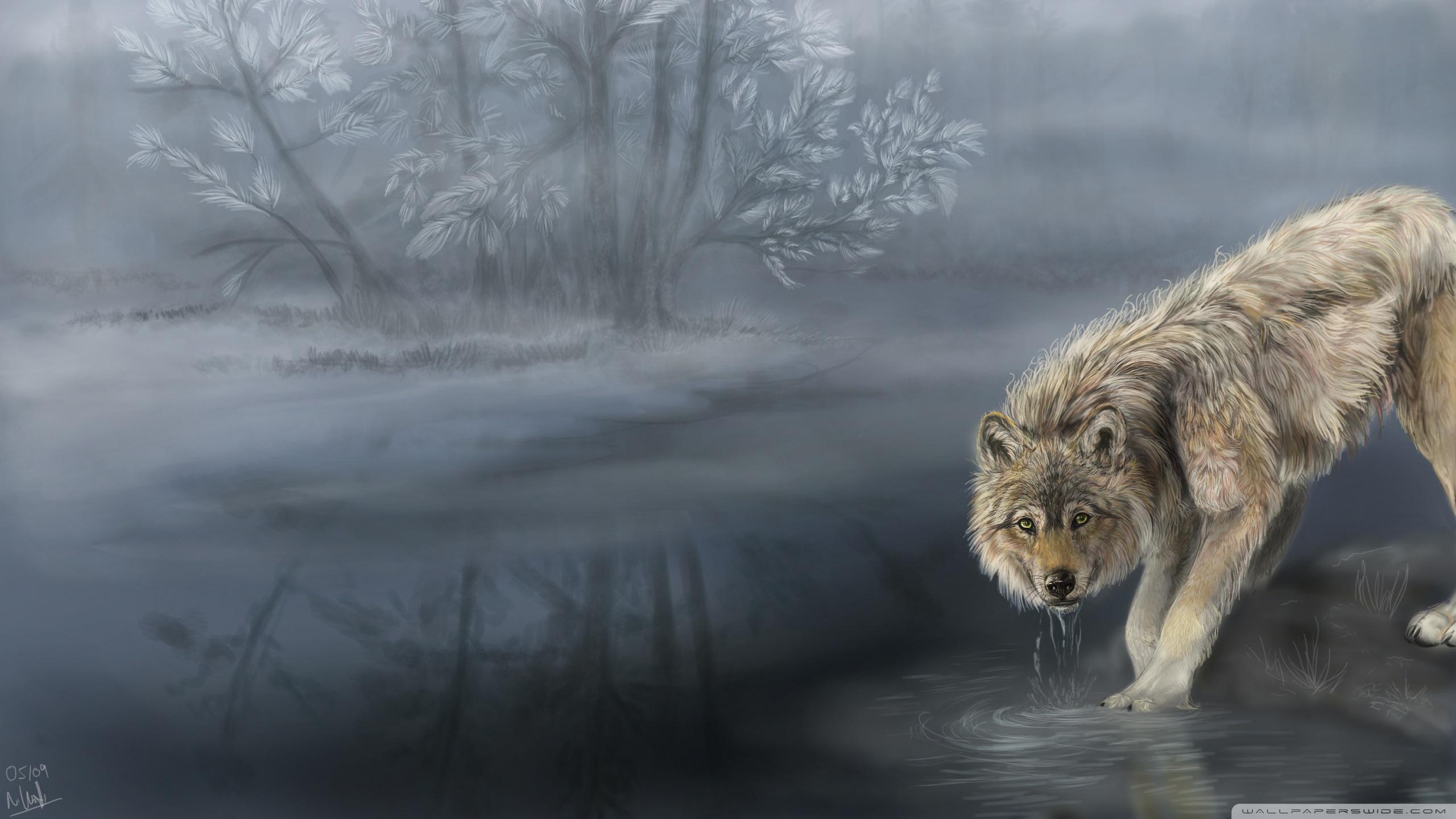 2560x1440 Wolf Drinking Water Painting Ultra HD Desktop Background Wallpaper for 4K UHD TV : Multi Display, Dual Monitor : Tablet