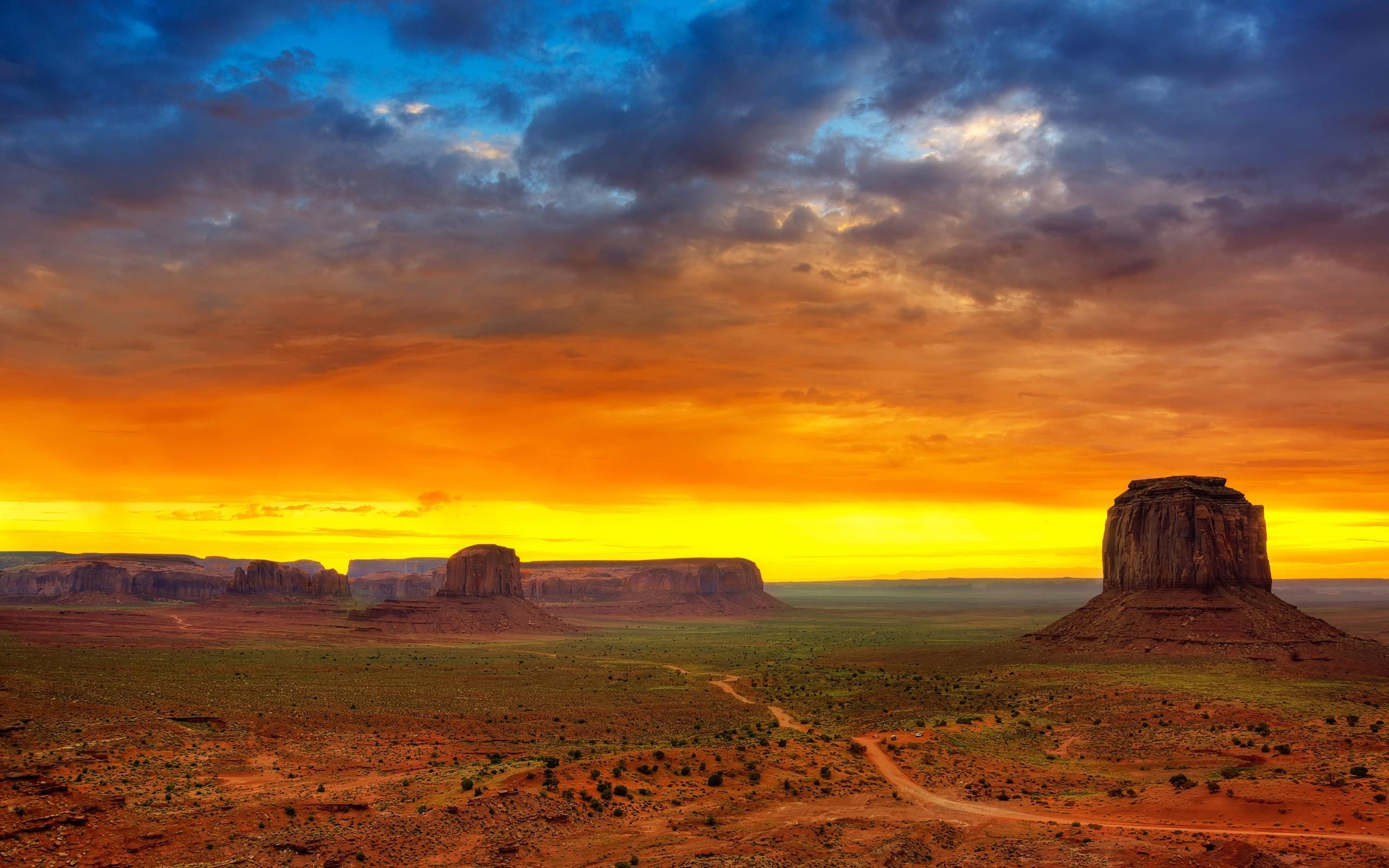 2560x1600 Monument Valley, Sunset, Desert, Rock Formation, Dirt Road, Landscape Wallpaper HD / Desktop and Mobile Background