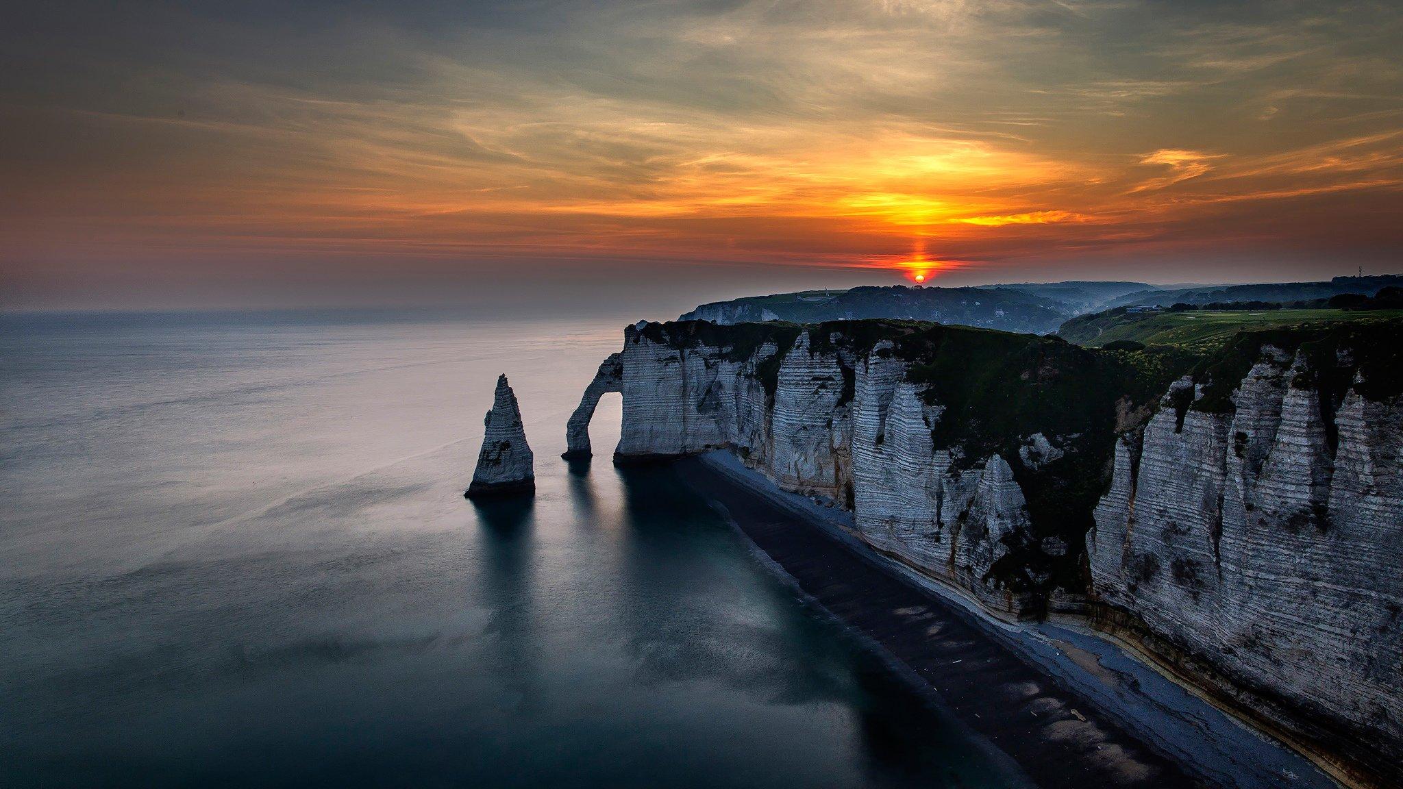 2048x1152 france, Landscape, Night, Sunset, Sky, Clouds, Sun, Rocks, Beach, Sea, Nature, View, Ocean Wallpaper HD / Desktop and Mobile Background