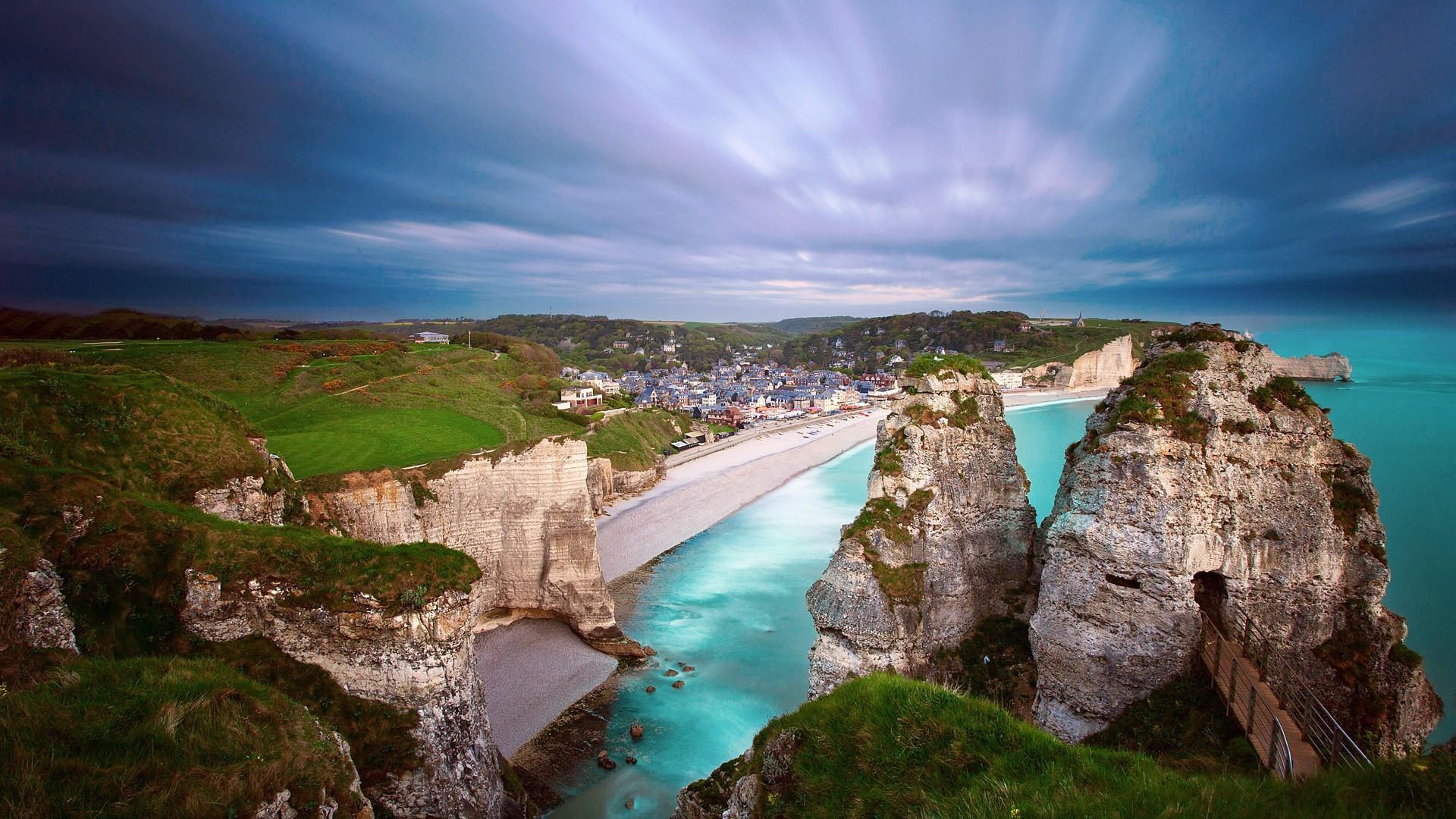 1920x1080 nature, Landscape, Water, Rock, Clouds, Long Exposure, Grass, France, Coast, Cliff, Bridge, Sea, Field, House, Town, Beach, Étretat, Plage DÉtretat Wallpaper HD / Desktop and Mobile Background