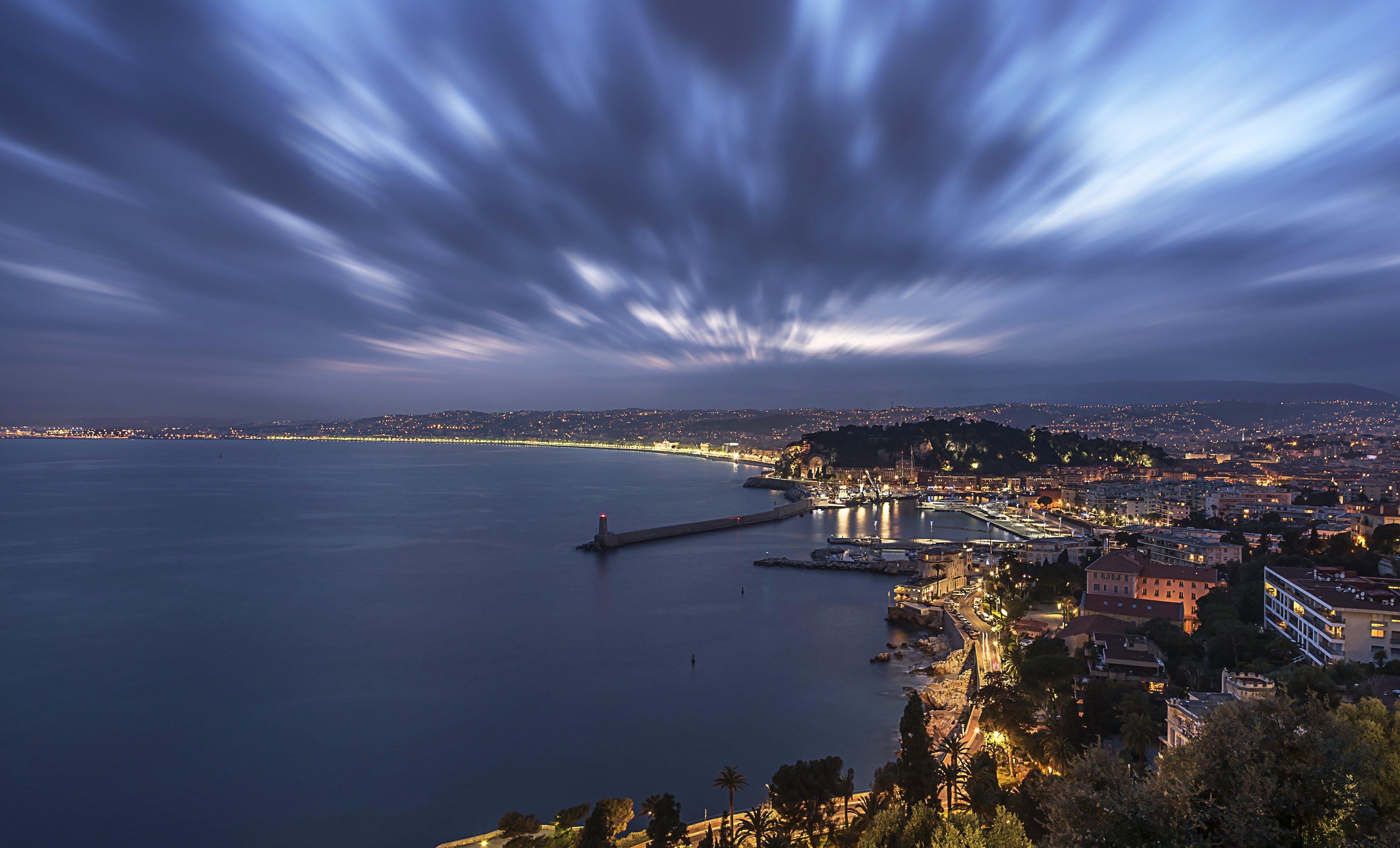3300x2000 france, Coast, Houses, Lighthouses, Night, Nice, Cities Wallpaper HD / Desktop and Mobile Background