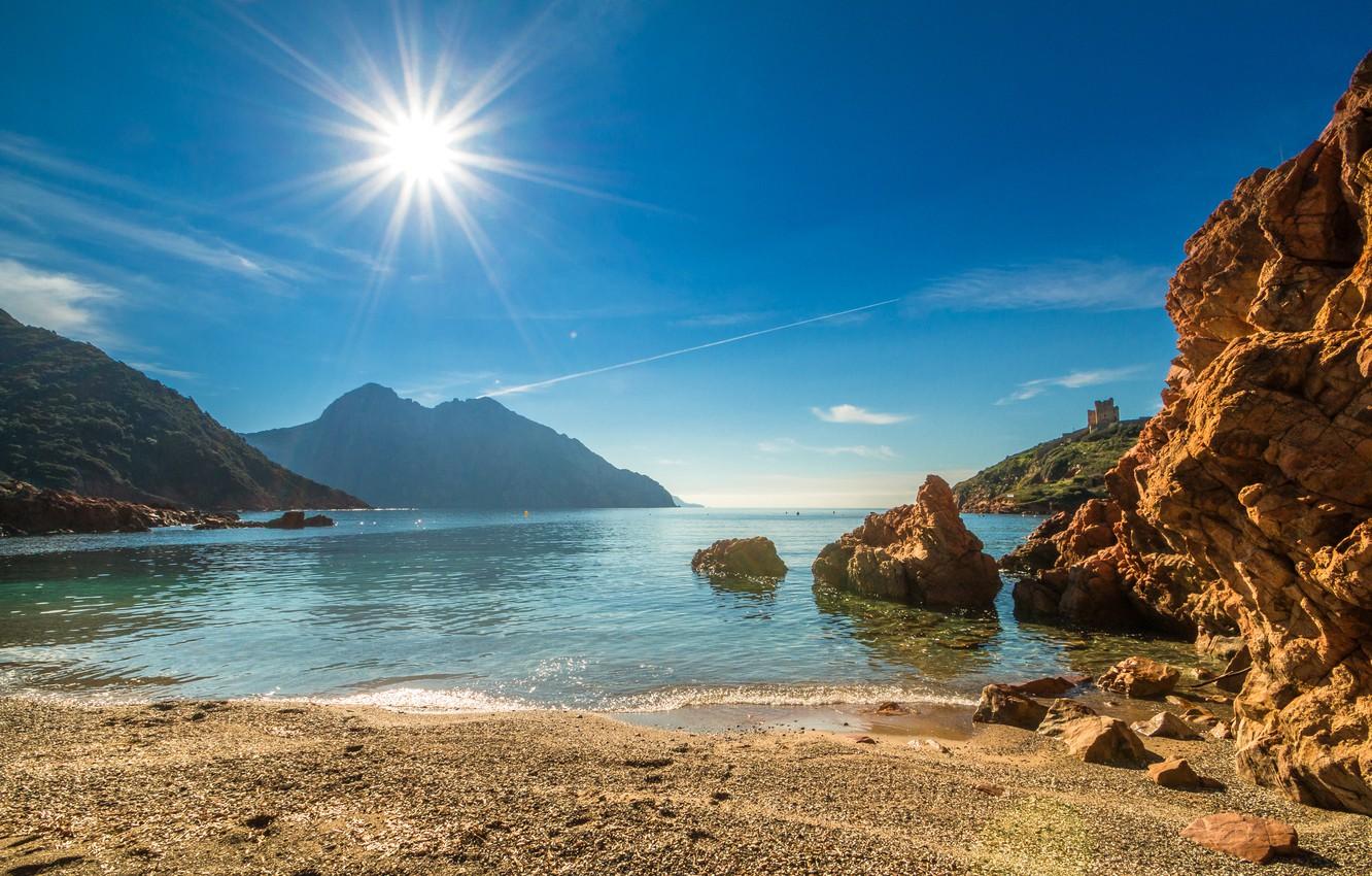 1332x850 Wallpaper sea, beach, the sky, the sun, rays, mountains, stones, coast, France, Corsica image for desktop, section пейзажи