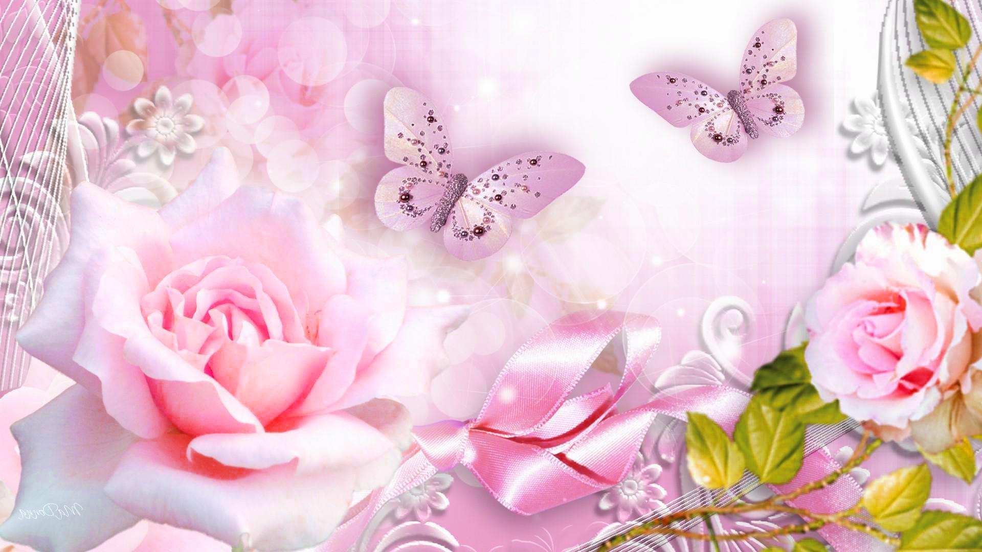 1920x1080 Animated Picture of Pale Rose Flowers and Butterflies Wallpaper. Wallpaper Download. High Resolution Wallpaper
