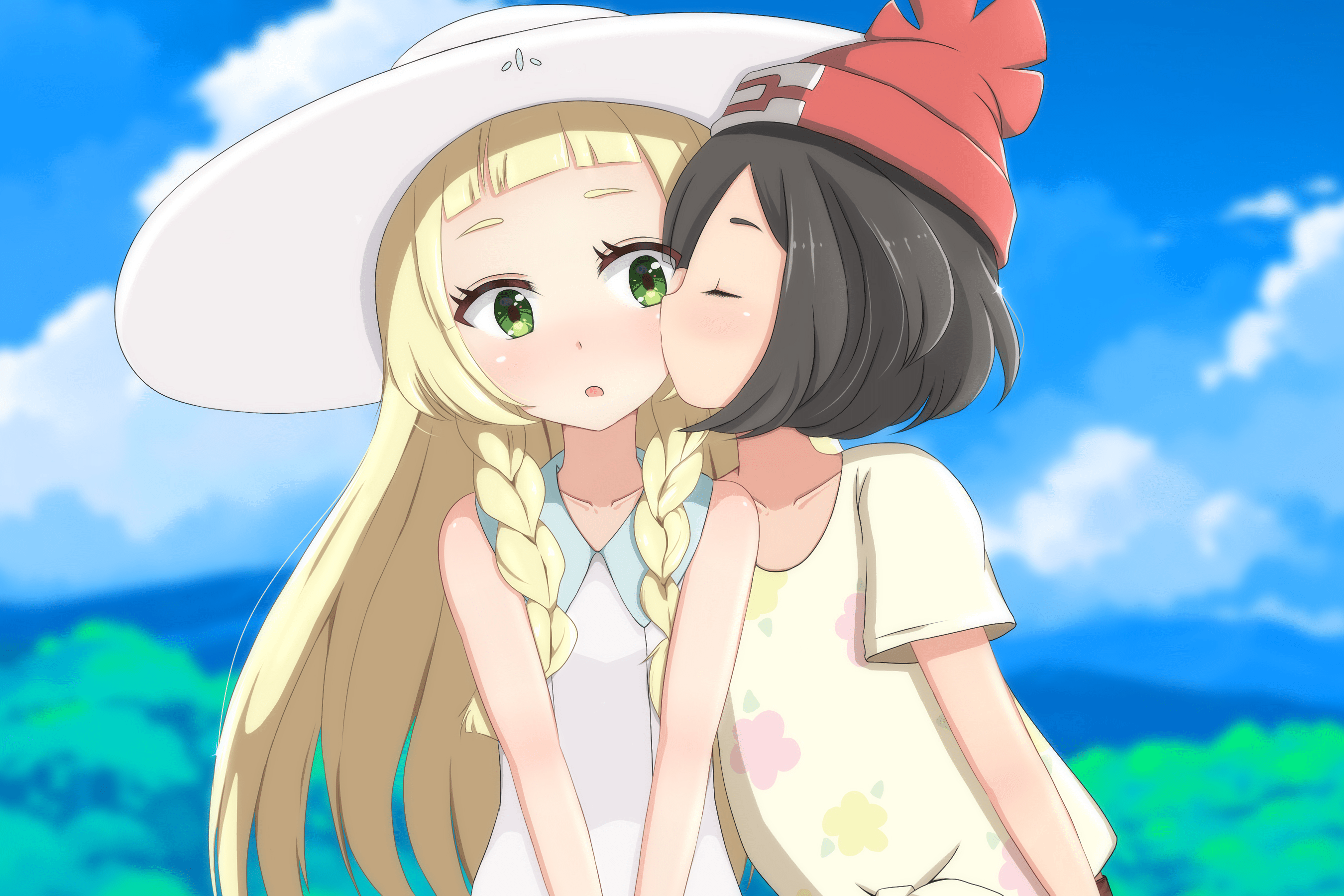 2700x1800 #Pokémon, #Moon(Pokémon SunandMoon), #kissing, #lillie(Pokémon SunandMoon), #anime girls, wallpaper. Mocah HD Wallpaper