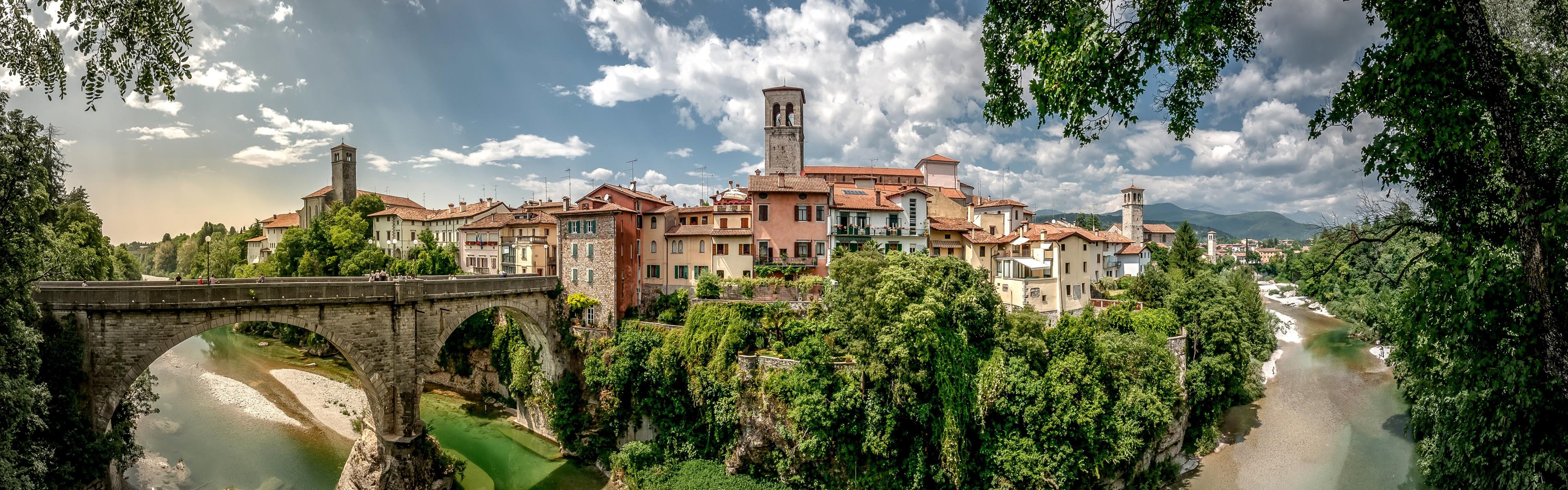 3840x1200 Download 3840x1200 Italy, Cividale Del Friuli, Buildings, Sky, Panoramic, Bridge, River Wallpaper