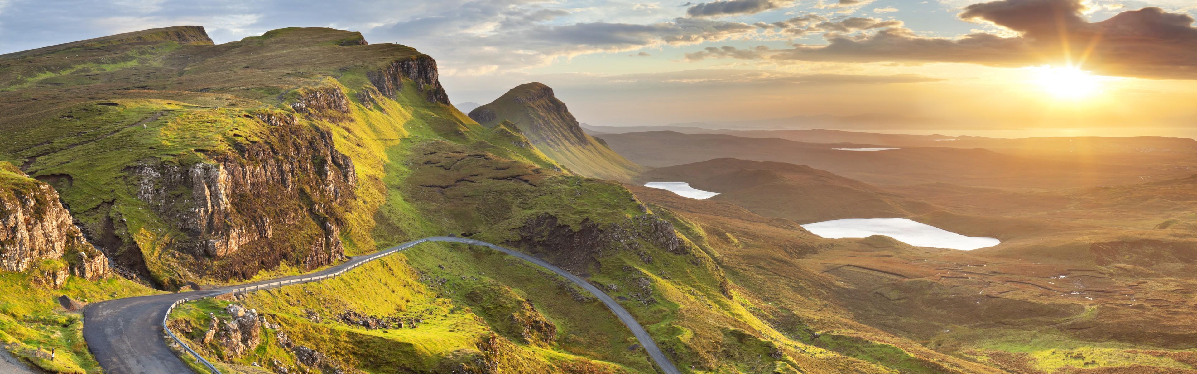 3840x1200 Landscape Panorama Dual Monitors Lake Hills Valley Sunset Wallpaper:3840x1200