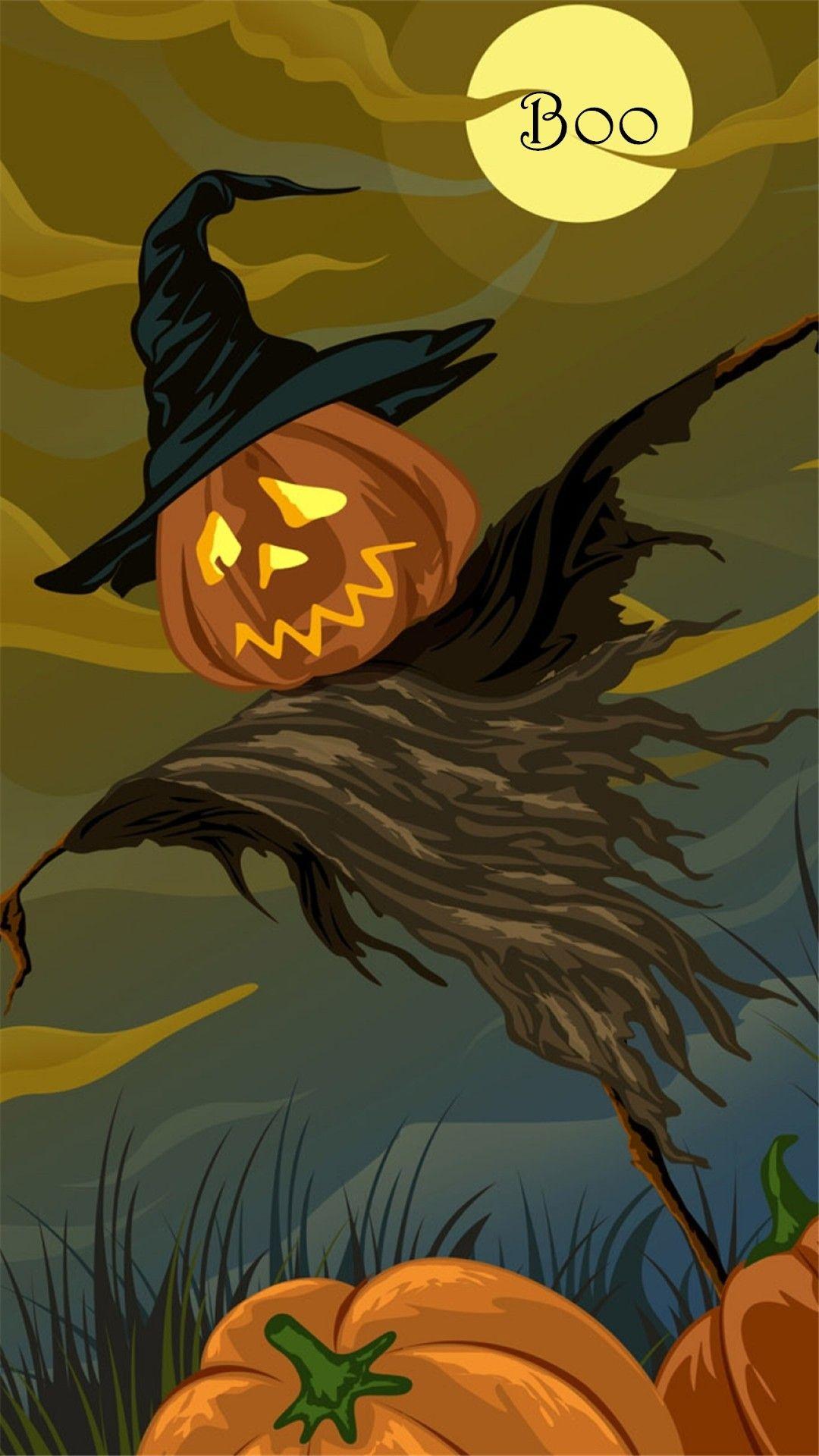1080x1920 Scary Halloween pumpkin scarecrow Boo iPhone 6 plus wallpaper, witch hat. Scary halloween pumpkins, Halloween wallpaper, Halloween wallpaper iphone