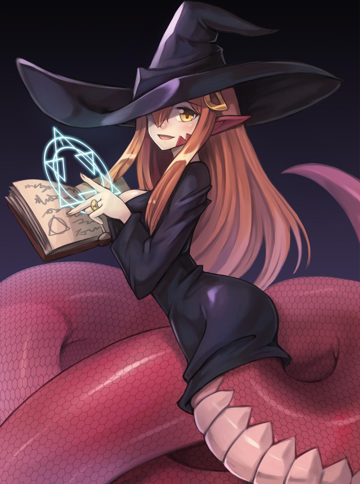 1224x1646 #Monster Musume no Iru Nichijou, #dress, #pointed ears, #tail, #monster girl, #Halloween, #witch hat, #Miia (Monmusu), #witch, wallpaper. Mocah HD Wallpaper