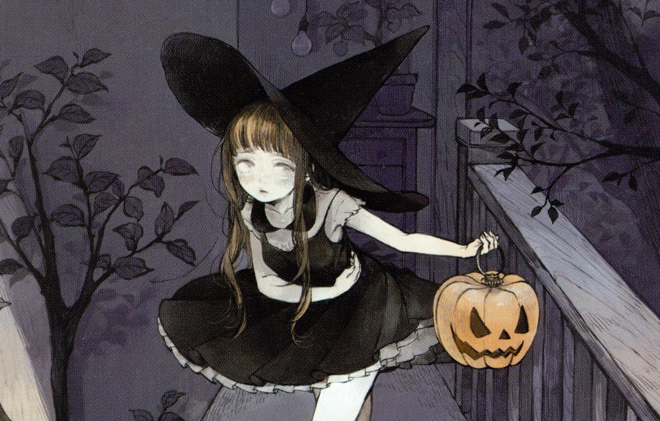 1332x850 Wallpaper the evening, railings, Halloween, pumpkin, art, Jack, witch hat, witch, Nekosuke image for desktop, section арт