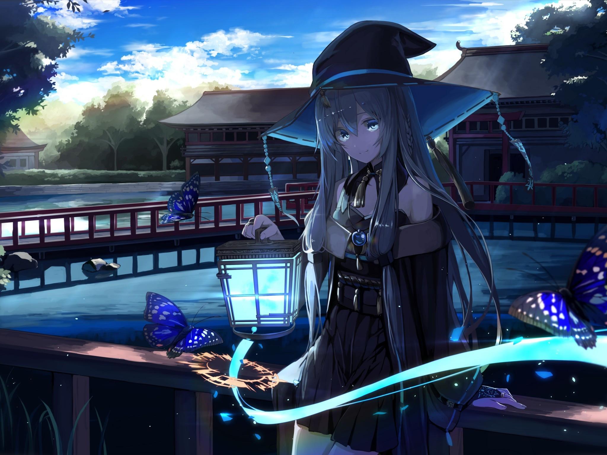 2048x1536 Download 2048x1536 Anime Witch, Hat, Green Hair, Butterflies, Lantern, Traditional House Wallpaper for Ainol Novo 9 Spark