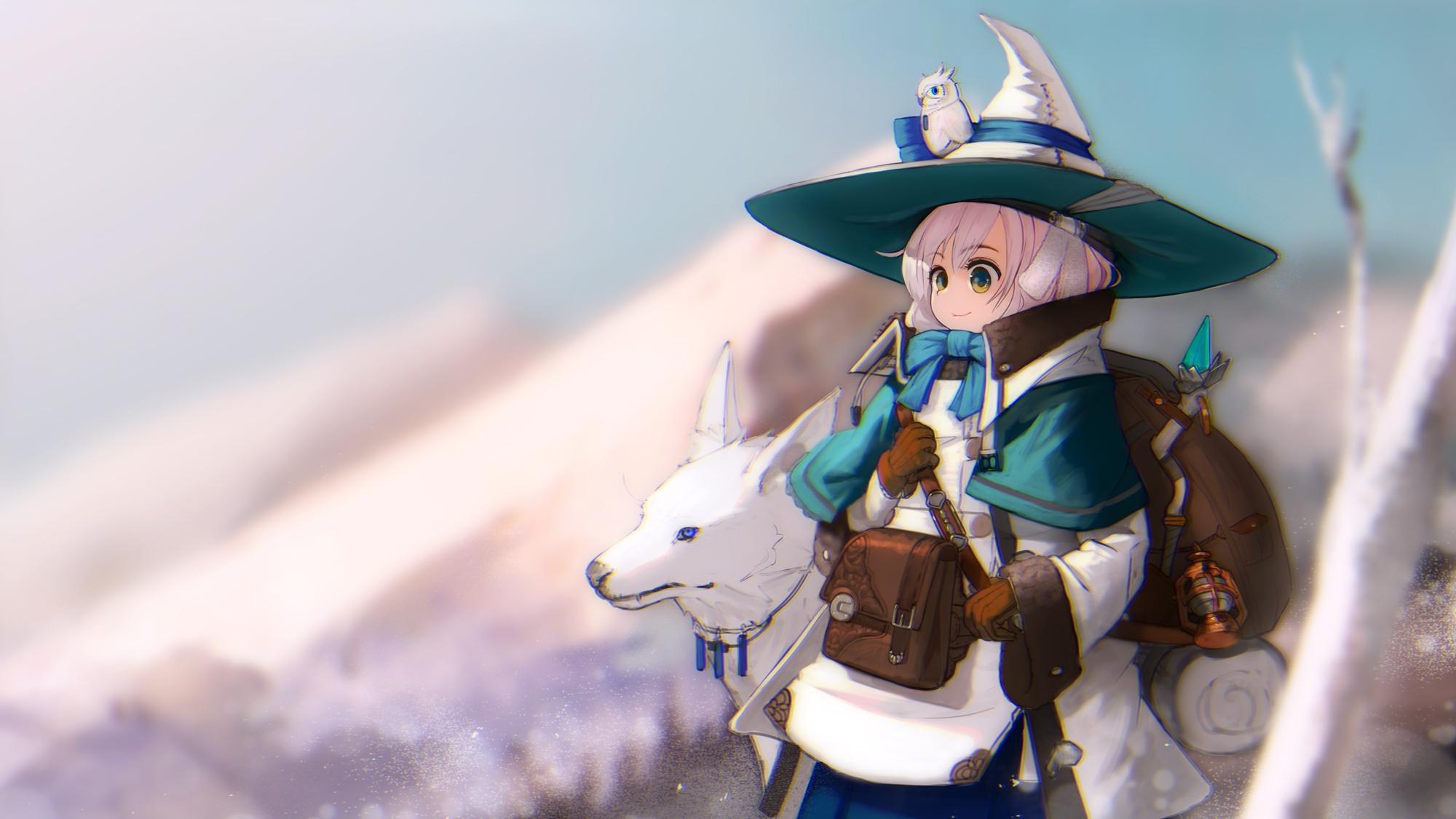 2000x1125 Download 2000x1125 Anime Girl, White Wolf, Fantasy World, Witch Hat Wallpaper