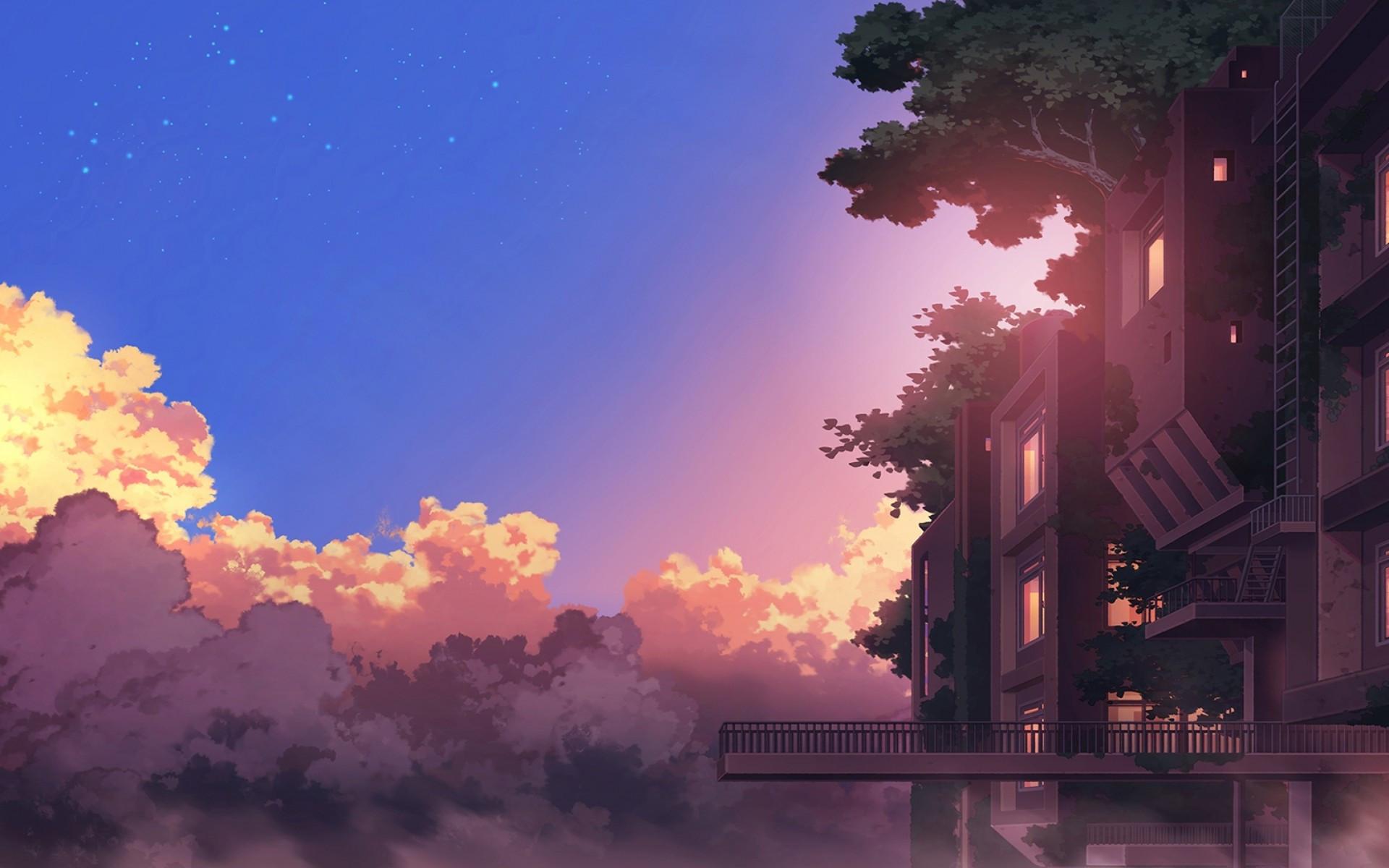 1920x1200 Download 1920x1200 Anime Landscape, Building, Sunset, Clouds, Scenic Wallpaper for MacBook Pro 17 inch
