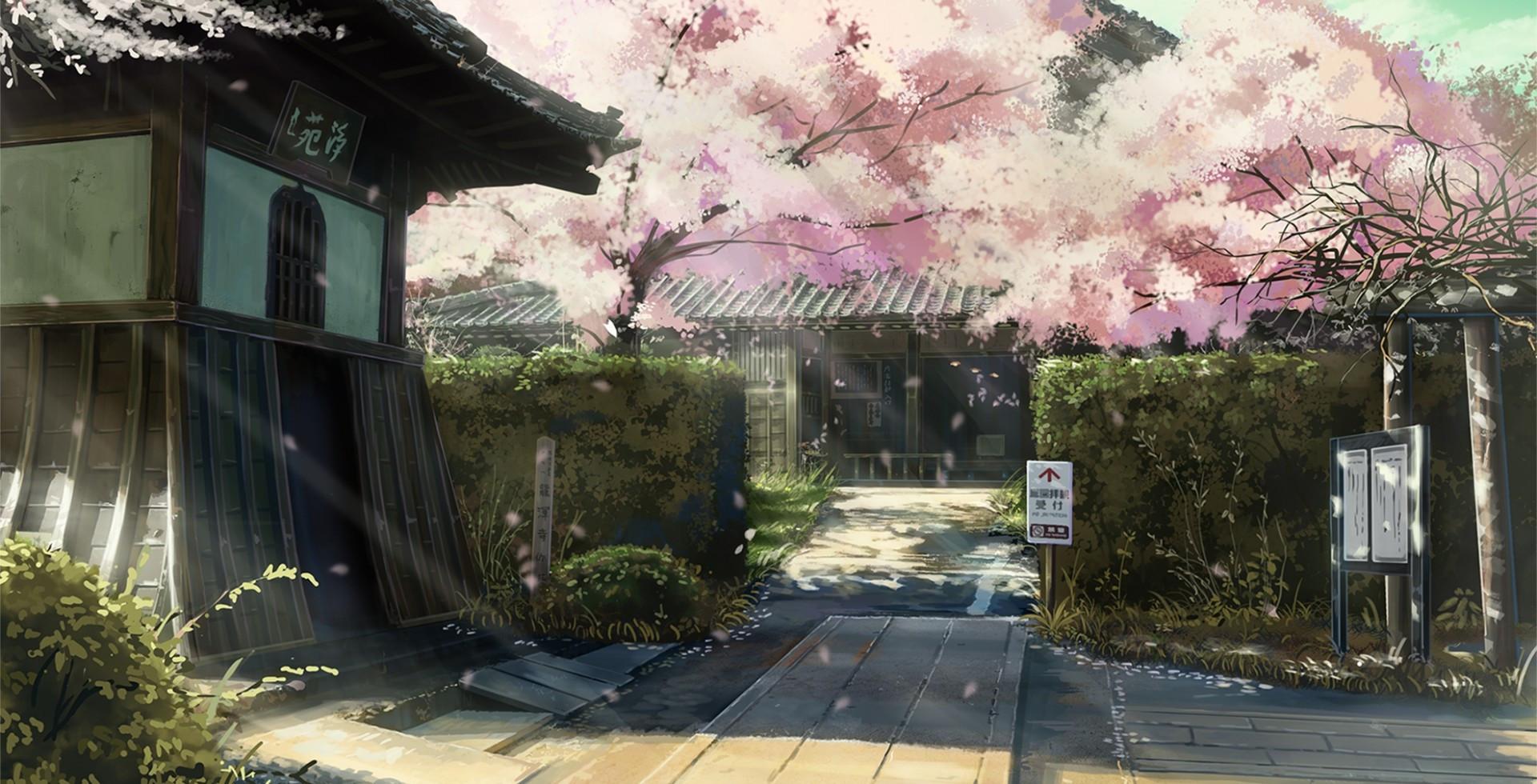 1920x980 Download 1920x980 Anime Building, Japanese House, Sakura Blossom, Scenic Wallpaper