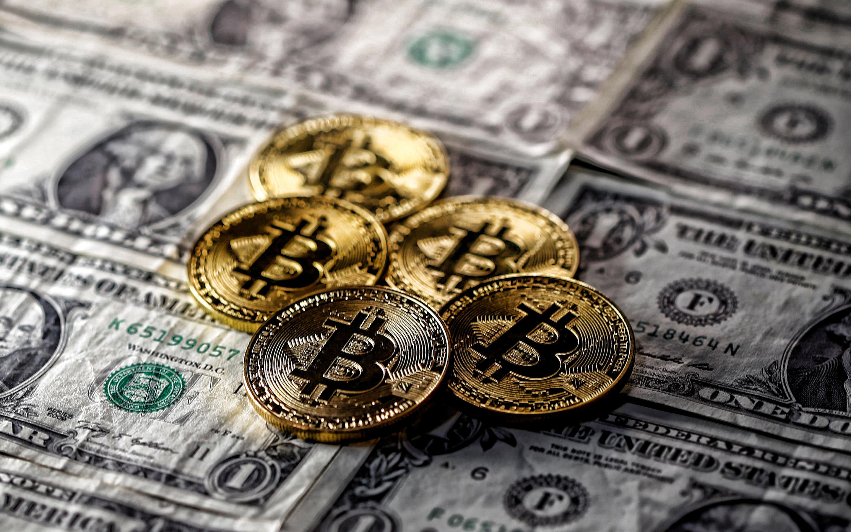 2880x1800 Download wallpaper Bitcoins on the american dollars, Bitcoin, cryptocurrency, electronic money, money background, currency concepts, bitcoin exchange concepts, Bitcoin Gold Coins for desktop with resolution 2880x1800. High Quality HD picture wallpaper