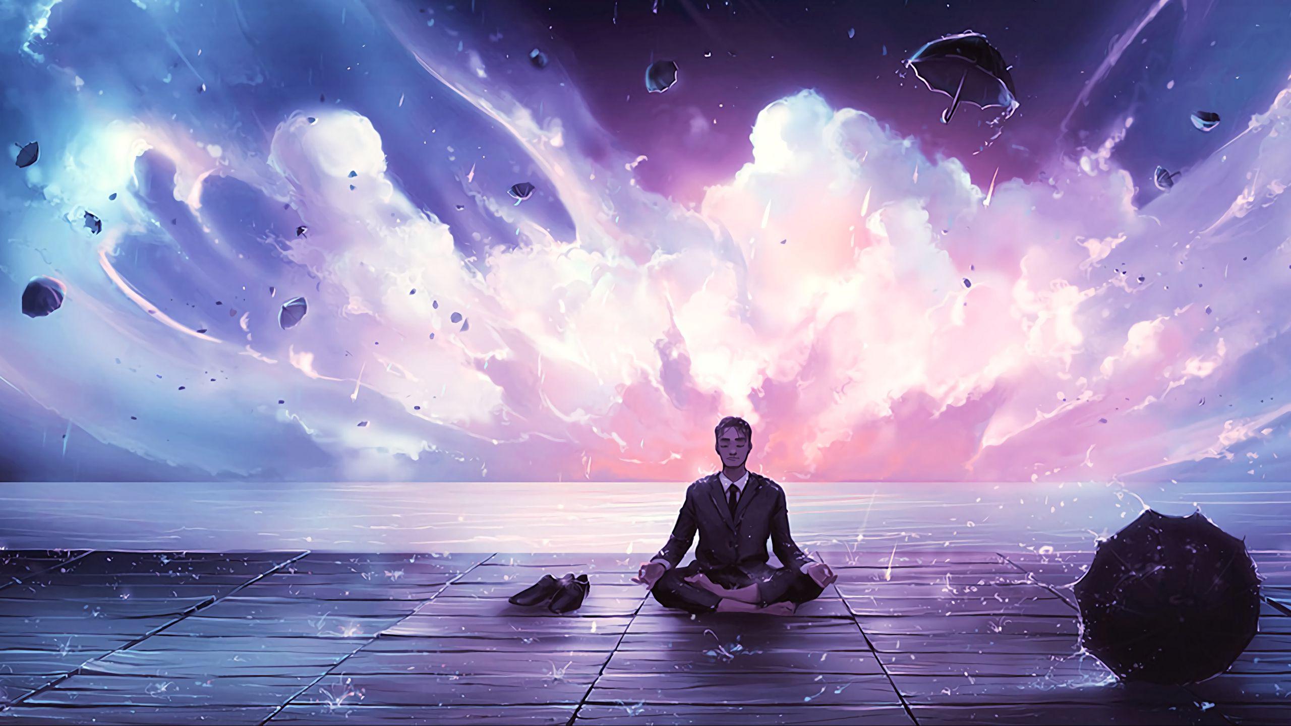 2560x1440 Download wallpaper 2560x1440 meditation, calmness, harmony, art, man, rain, eureka widescreen 16:9 HD background