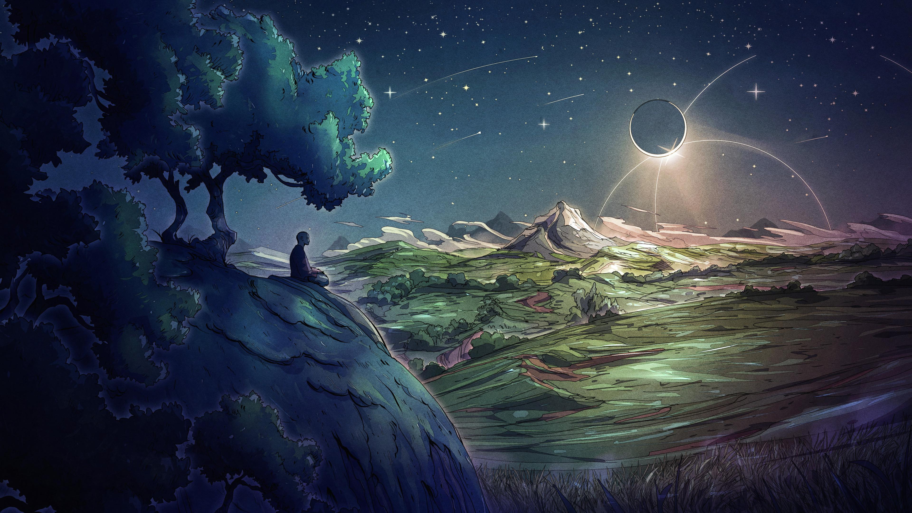 3840x2160 Desktop Wallpaper Meditation, Forest, Nature, Calm Valley, Moon, Art, HD Image, Picture, Background, 6e8ec3