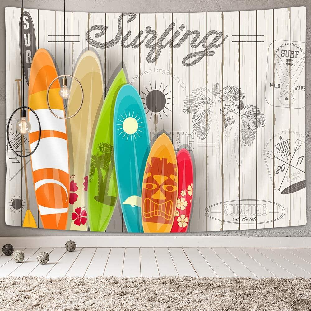 1000x1000 NYMB Summer Surf Tapestry Wall Hanging, Tropical Colorful Surfboard on Wooden Board Wallpaper Wall Blanket, Tapestry Wall Art for Bedroom Living Room Collage Dorm, TV Backdrop 71''W X 60''H