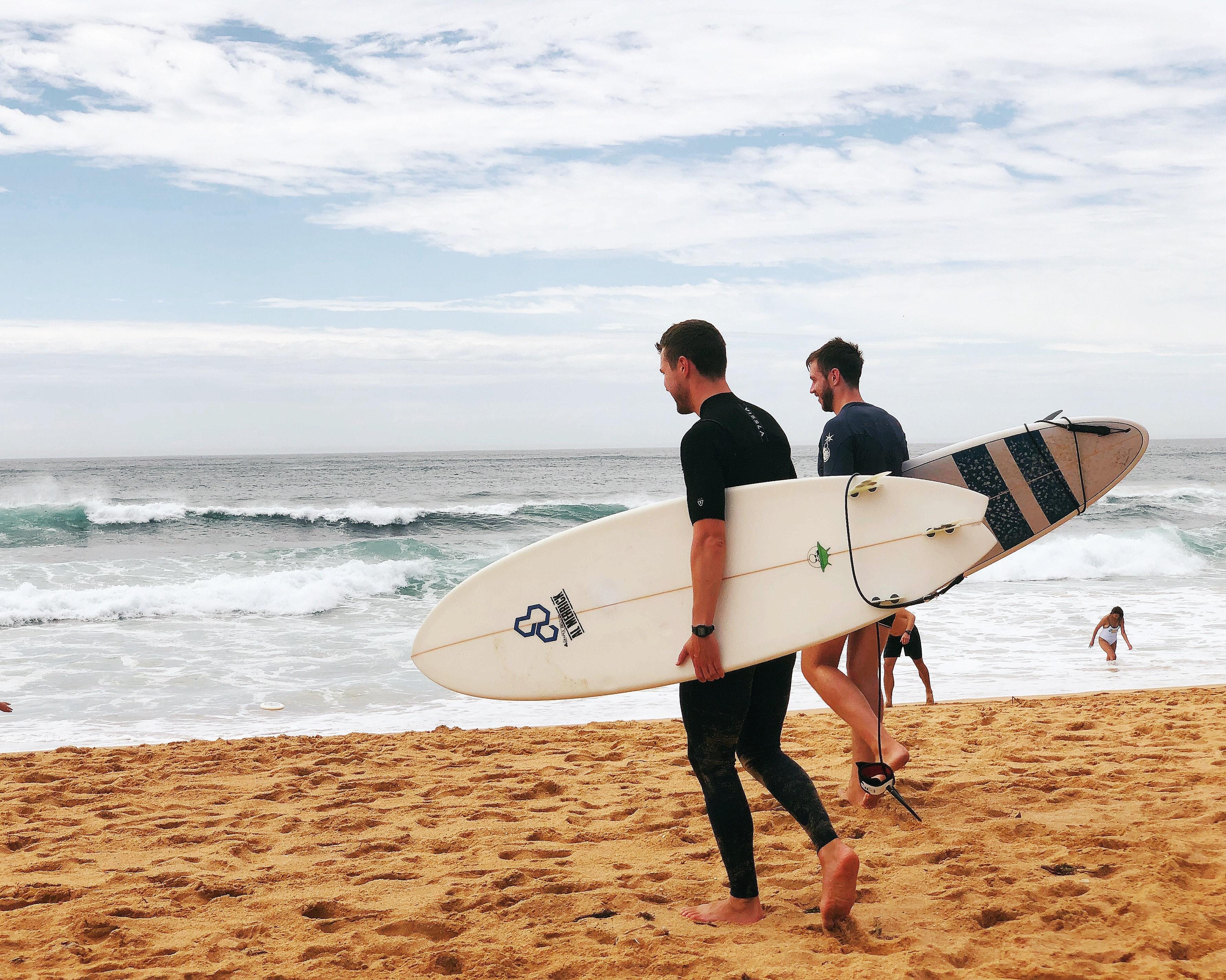 3566x2850 Two Men Carrying Surfboards Near Seashore · Free