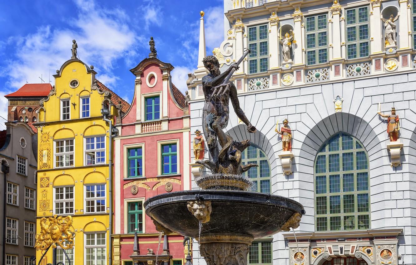 1332x850 Wallpaper the sky, the sun, clouds, design, home, area, Poland, Trident, fountain, Neptune, sculpture, Gdansk, The Fountain Of Neptune image for desktop, section город