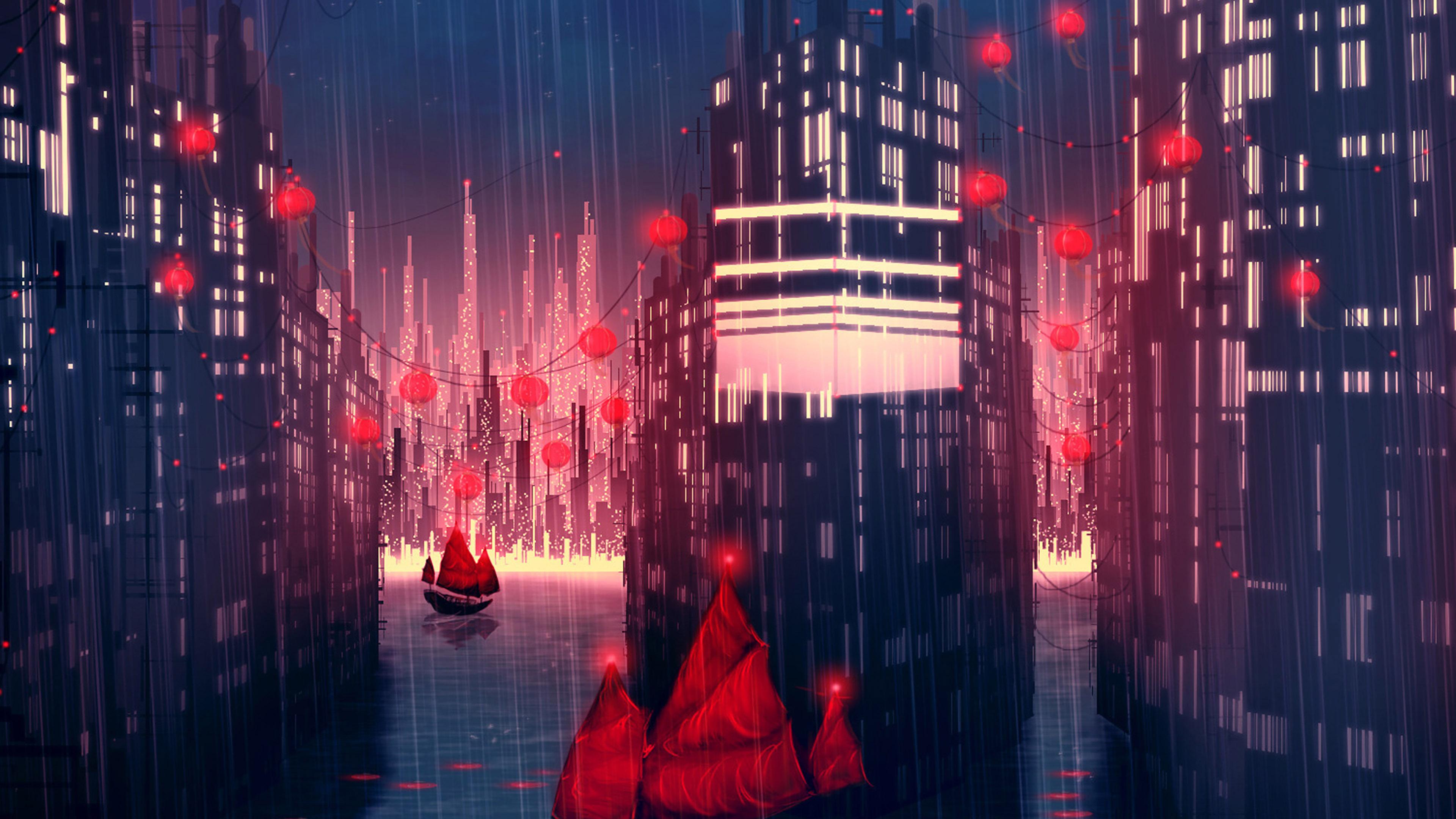 3840x2160 Rainy Anime City Art Illust Wallpaper