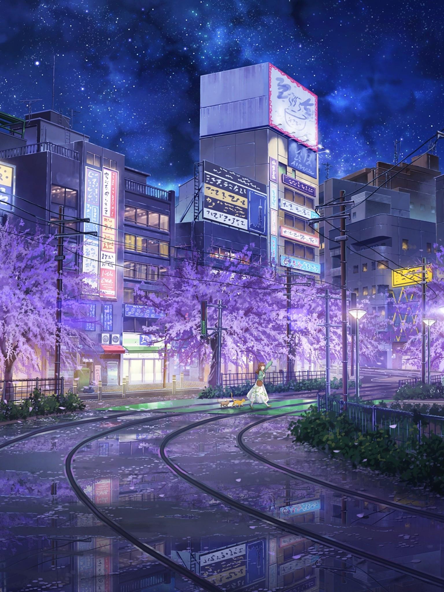 1536x2048 Download 1536x2048 Anime City, Sakura Blossom, Railway, People, Buildings, Night Wallpaper for Apple iPad Mini, Apple IPad 4