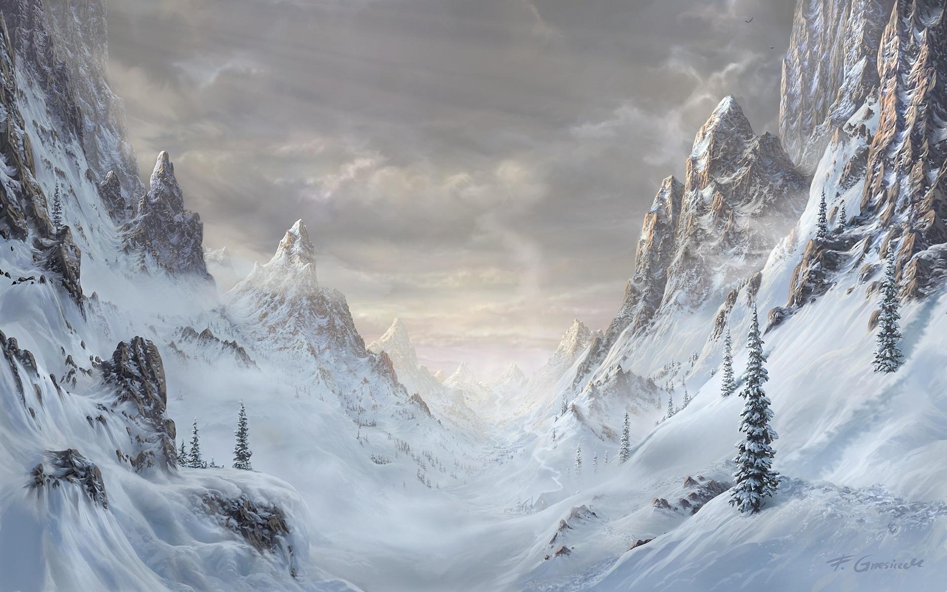1920x1200 art, Paintings, Mountains, Forest, Art, Rocks, Nature, Trees, Snow, Spruce, Winter, Landscape Wallpaper HD / Desktop and Mobile Background