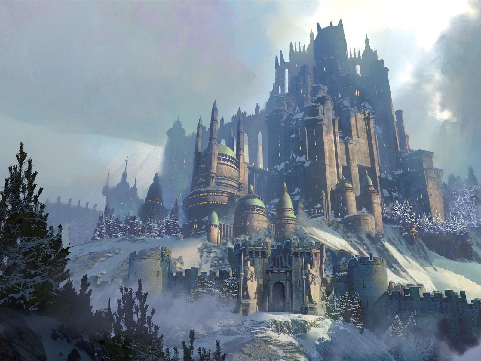 1600x1200 Wallpaper Castle, forest, mountains, snow, winter, art picture 1920x1200 HD Picture, Image