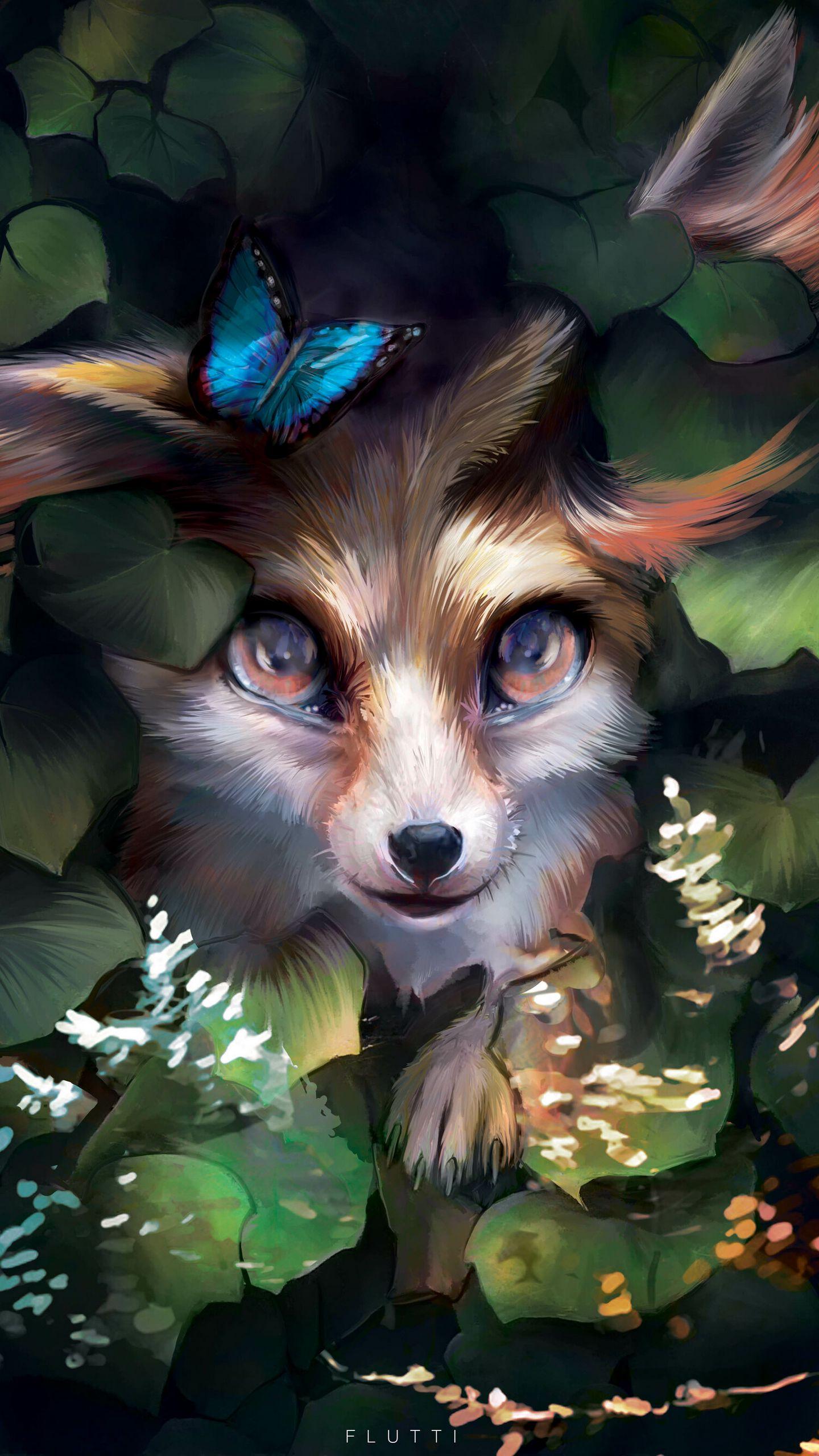 1440x2560 Download wallpaper 1440x2560 fox, cute, art, butterfly, leaves qhd samsung galaxy s s edge, note, lg g4 HD background