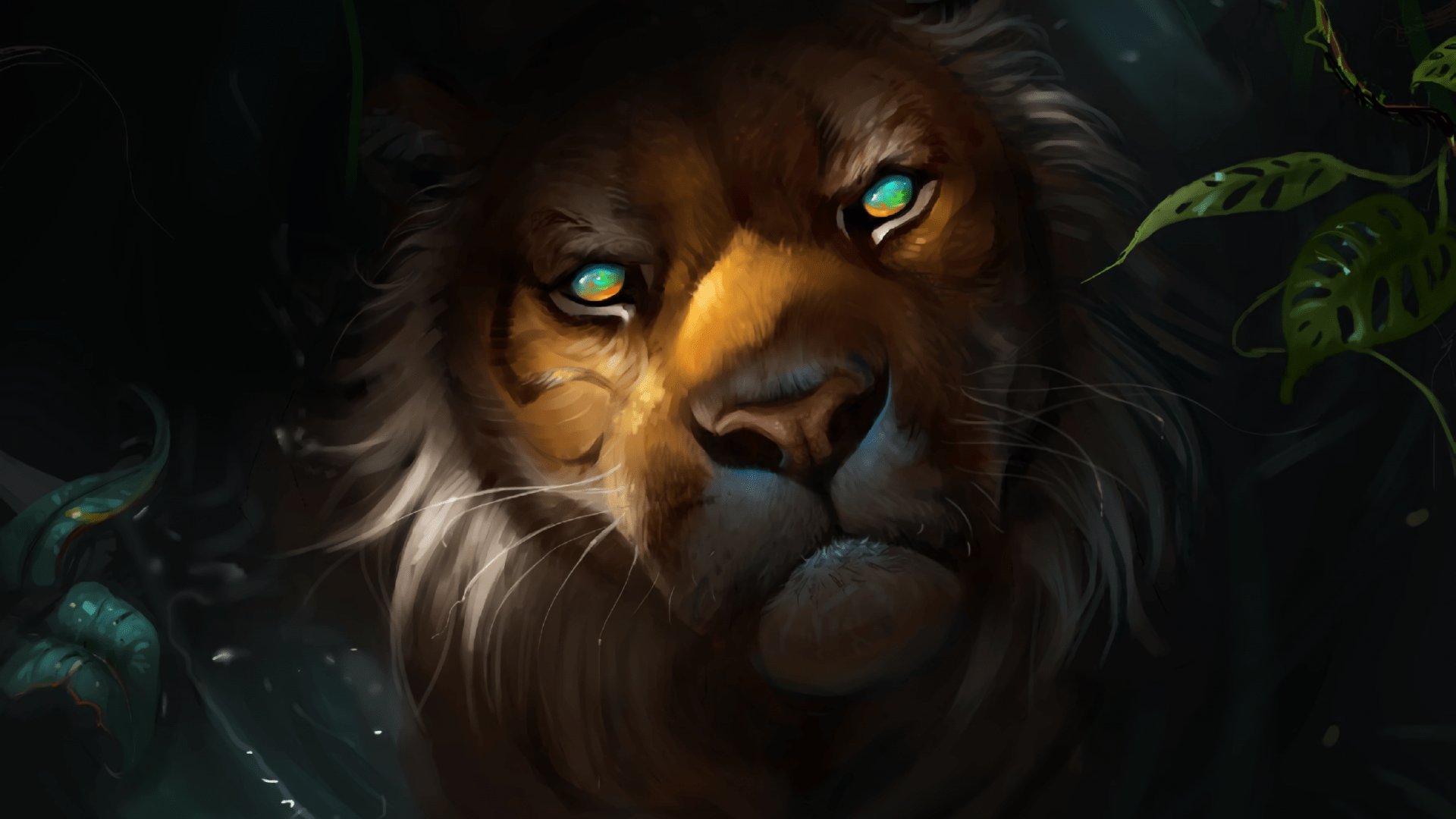1920x1080 Desktop wallpaper lion, muzzle, predator, glwoing eyes, art, HD image, picture, background, f1b5b0