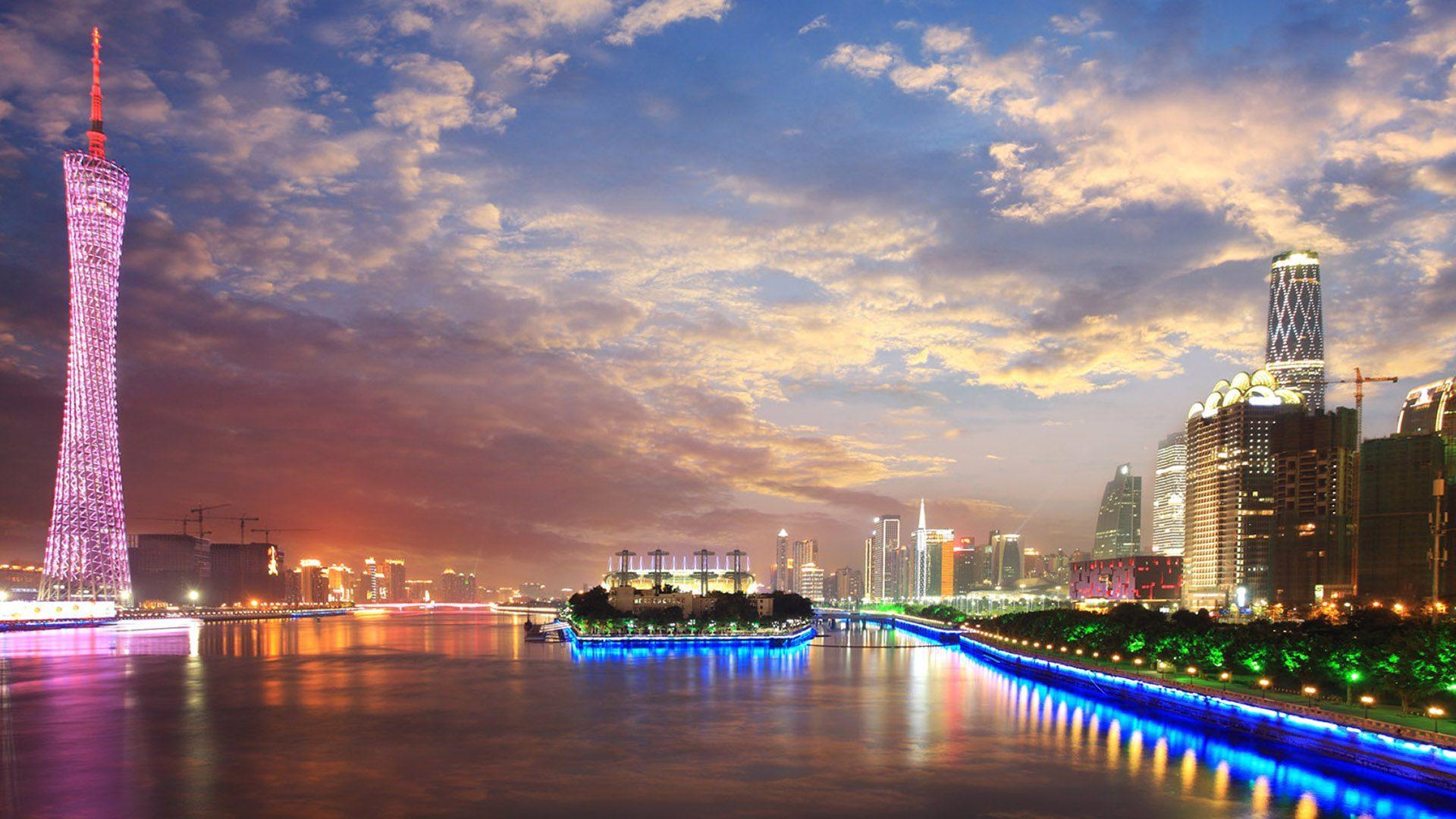 1920x1080 City In China Guangzhou's At Sunset Cityscape Pearl River Night 4k Ultra HD Wallpaper For Desktop :