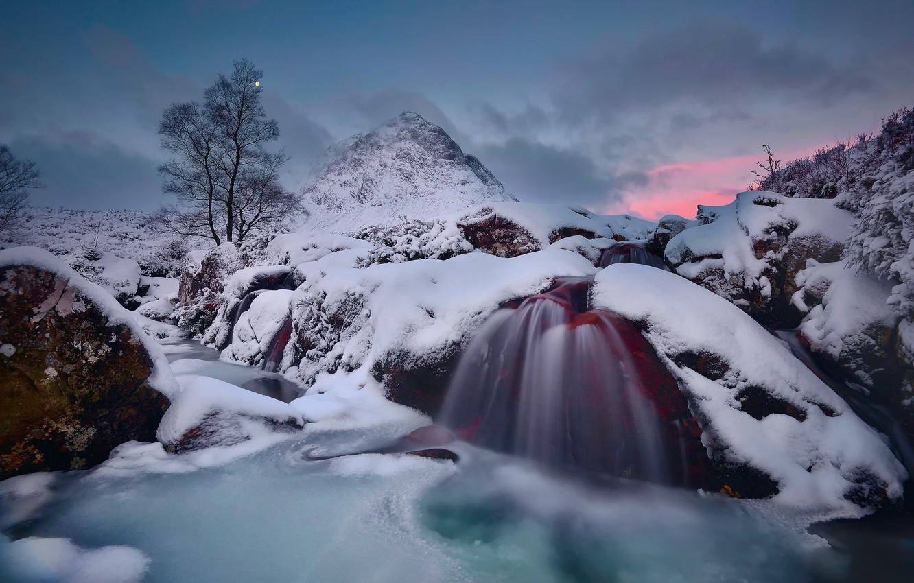 1332x850 Wallpaper winter, water, snow, the moon, mountain, ice, stream, the evening, excerpt, Scotland, Highland, Badlands Etive Mòr image for desktop, section природа