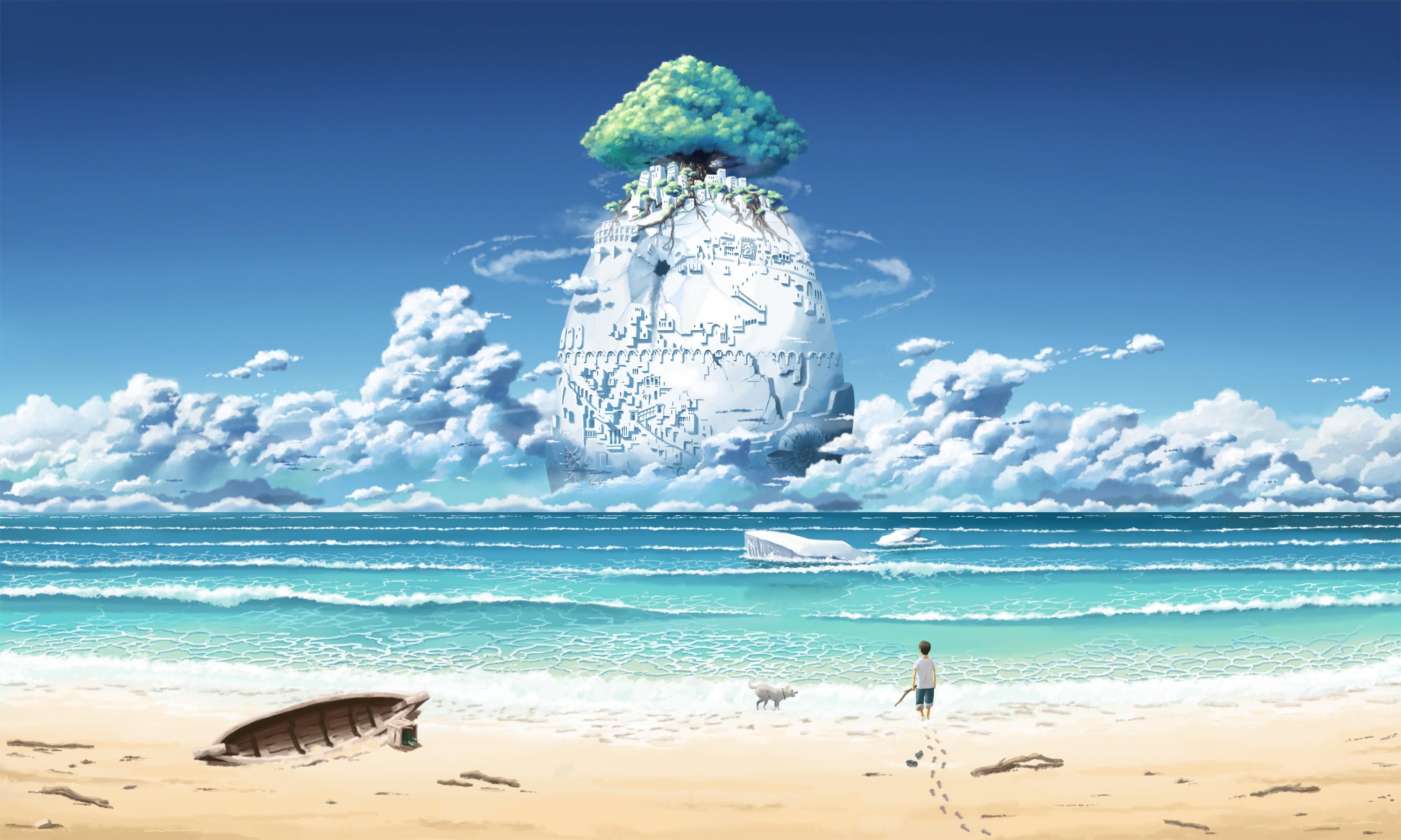 3000x1800 #waves, #clouds, #fantasy art, #sea, #trees, #beach, wallpaper. Mocah HD Wallpaper