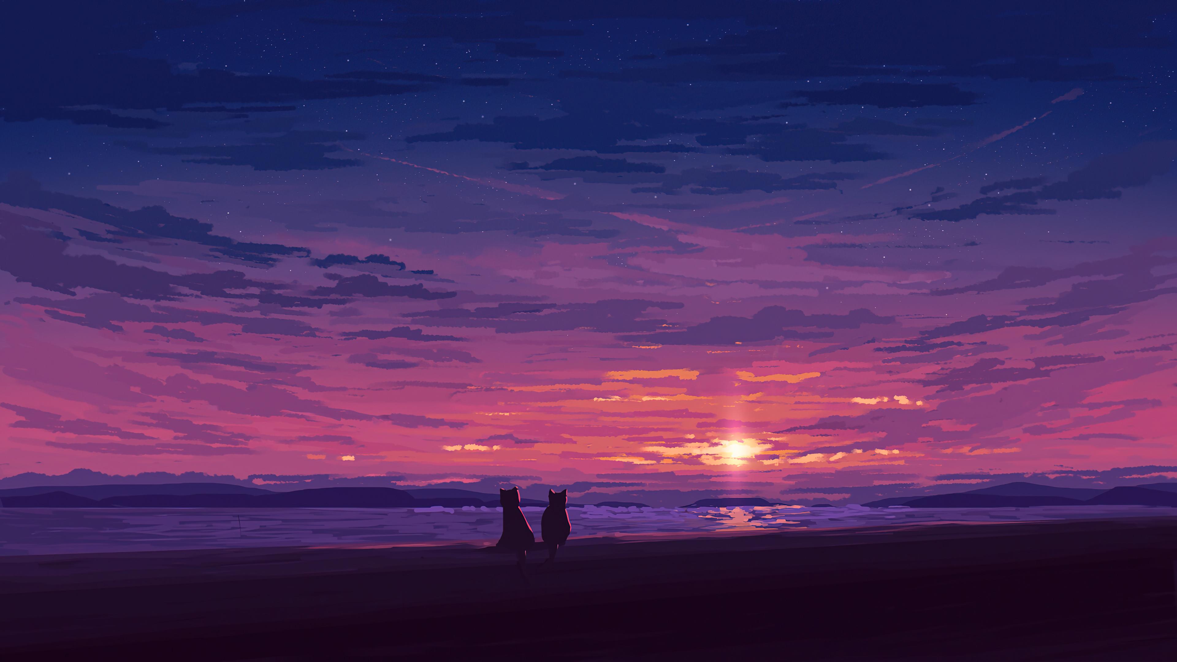 3840x2160 Sunset at the beach Digital Art Aesthetic Wallpaper 4K for Desktop