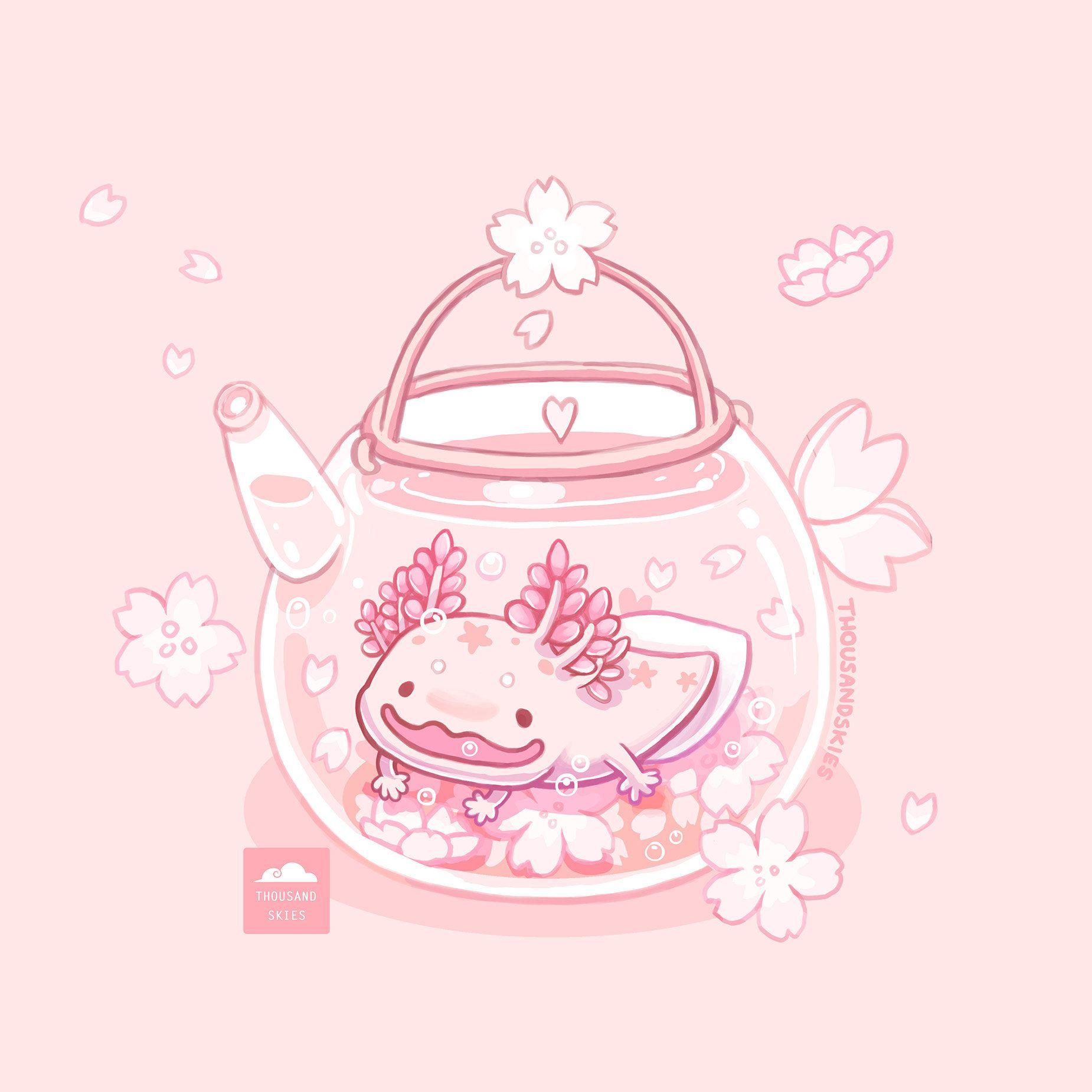 1850x1850 Axolotl Cherry Blossom Tea Bath Illustration Print. Cute kawaii drawings, Kawaii wallpaper, Pink wallpaper anime