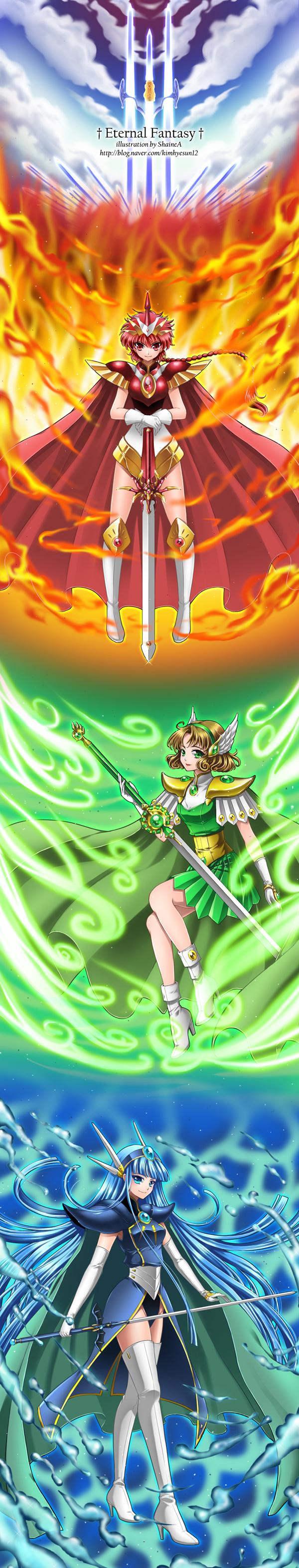 600x3144 shainea magic knight rayearth hououji fuu ryuuzaki umi shidou hikaru armor dress heels sword thighhighs weapon