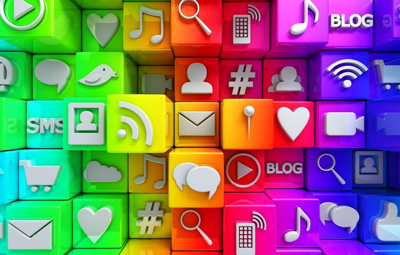 1332x850 Wallpaper cubes, colorful, Internet, icons, cubes, icons, social network, media, social image for desktop, section рендеринг