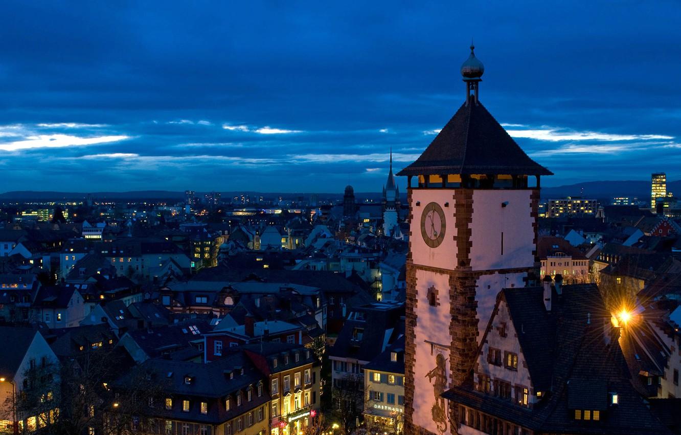 1332x850 Wallpaper Night, Lights, Tower, Germany, Panorama, Baden Württemberg, Freiburg Image For Desktop, Section город