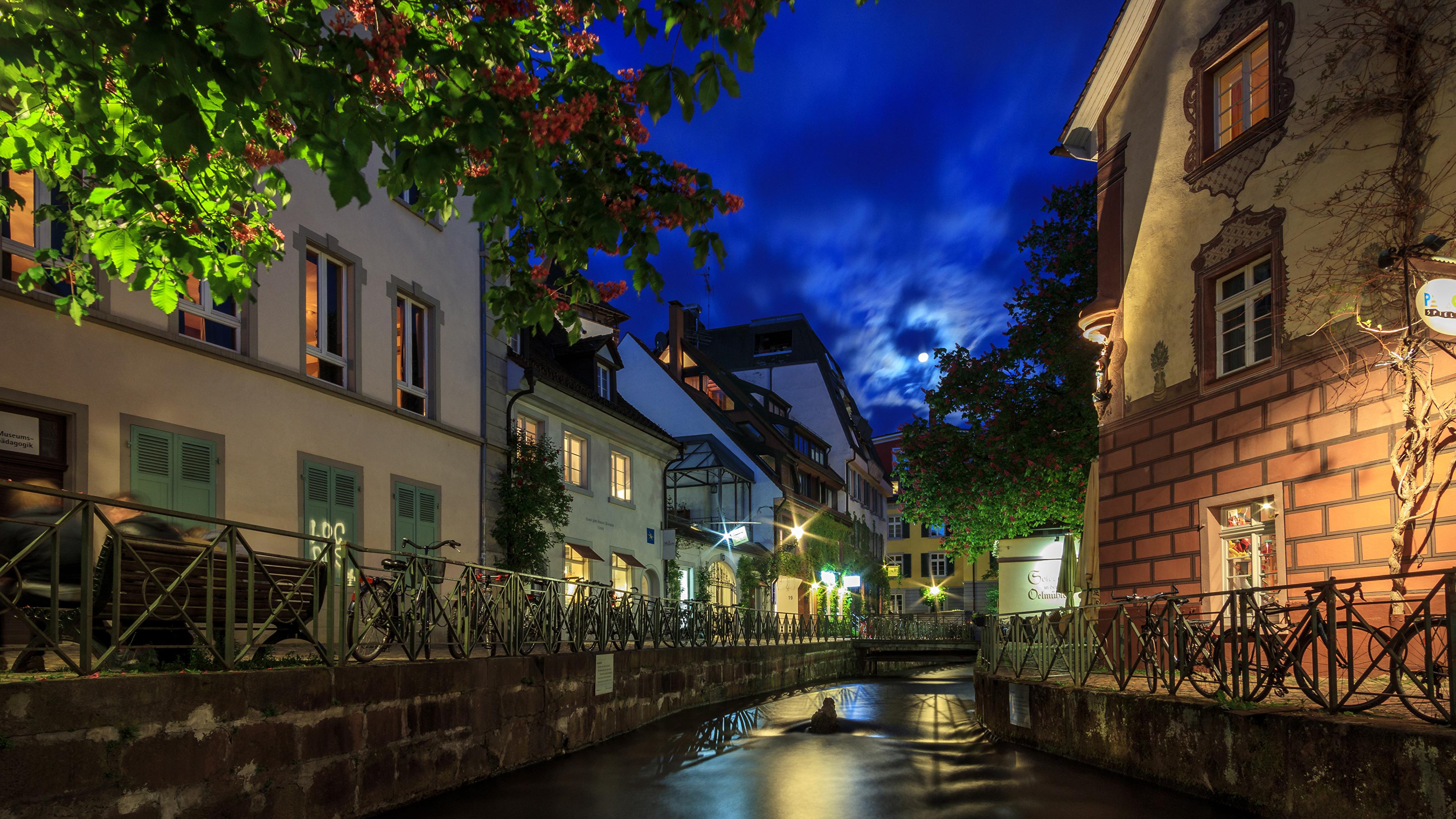 3840x2160 image Germany Freiburg Canal Fence Evening Houses Cities 3840x2160